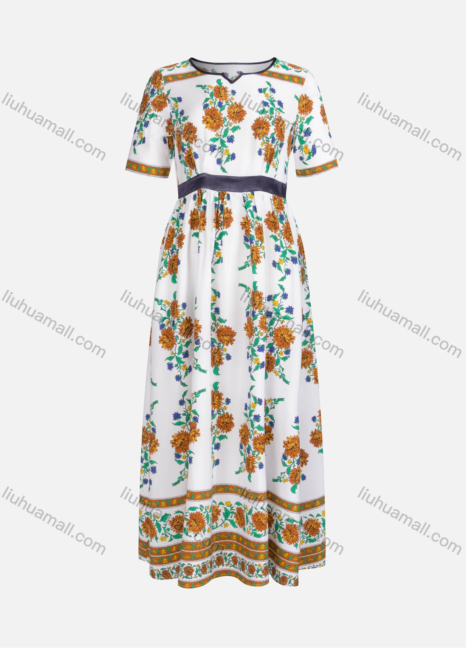 Wholesale Women's Casual Elegant Vintage Floral Print Notched Neck Short Sleeve Maxi Dress Y60097# - Liuhuamall