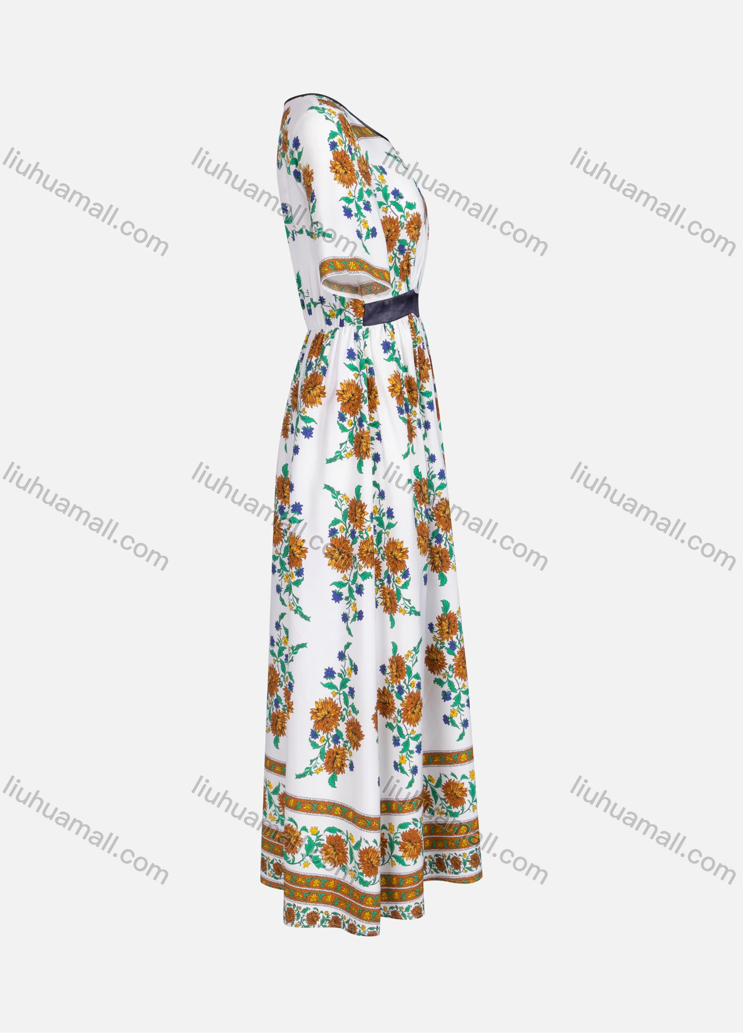 Wholesale Women's Casual Elegant Vintage Floral Print Notched Neck Short Sleeve Maxi Dress Y60097# - Liuhuamall