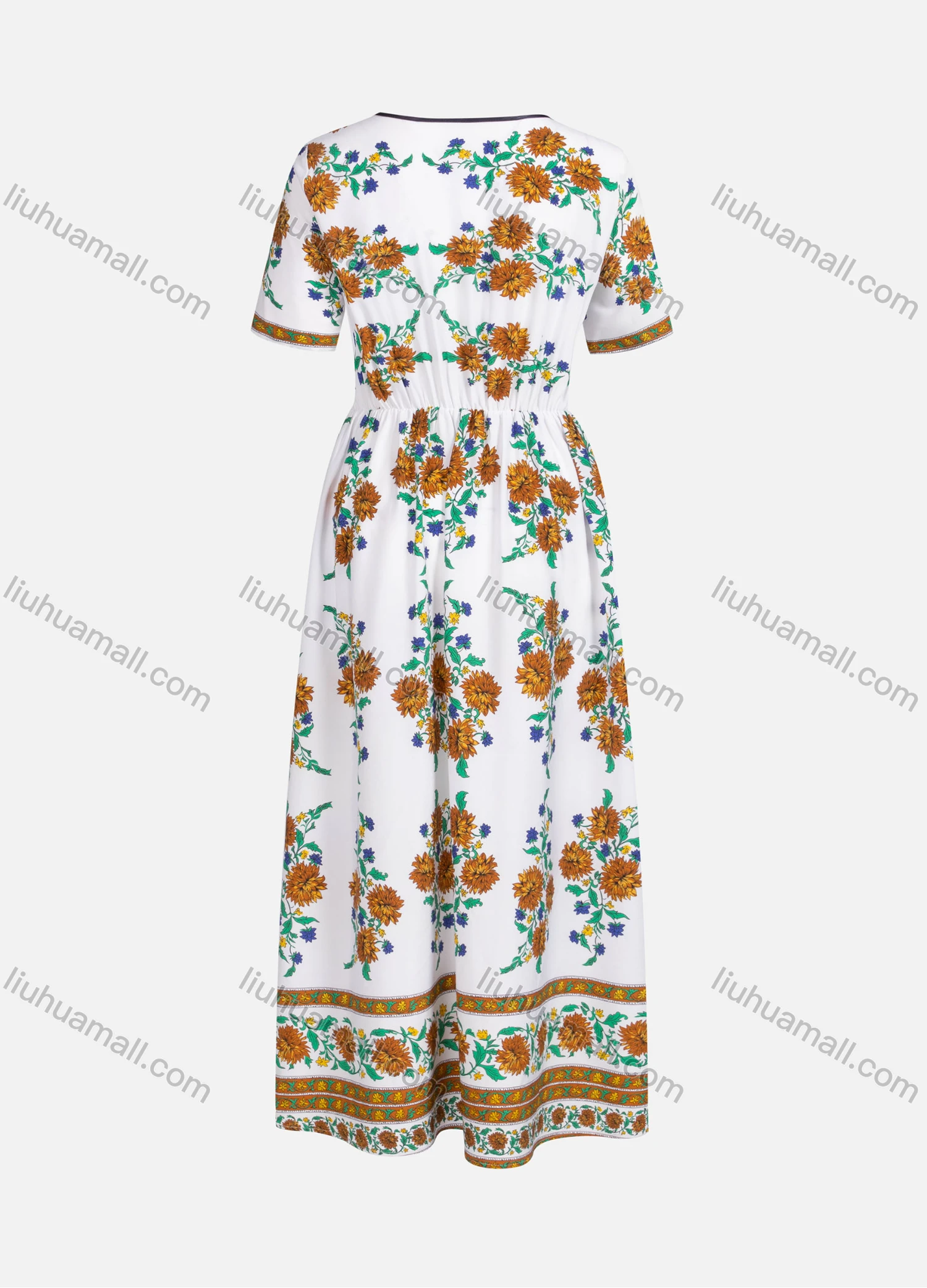 Wholesale Women's Casual Elegant Vintage Floral Print Notched Neck Short Sleeve Maxi Dress Y60097# - Liuhuamall