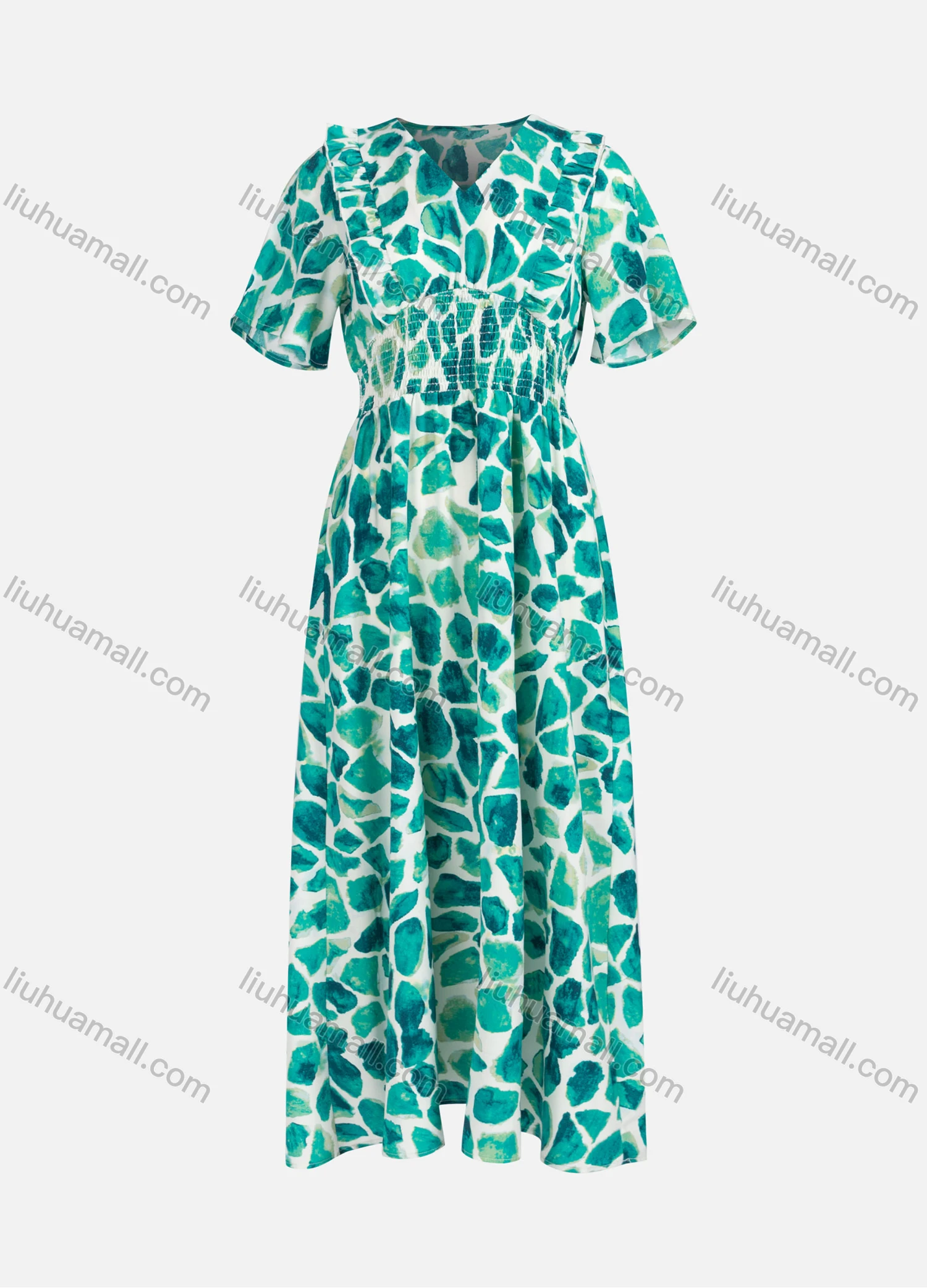 Wholesale Women's Casual Elegant Allover Print Ruffle Trim Short Sleeve Shirred Maxi Dress Y20042# - Liuhuamall