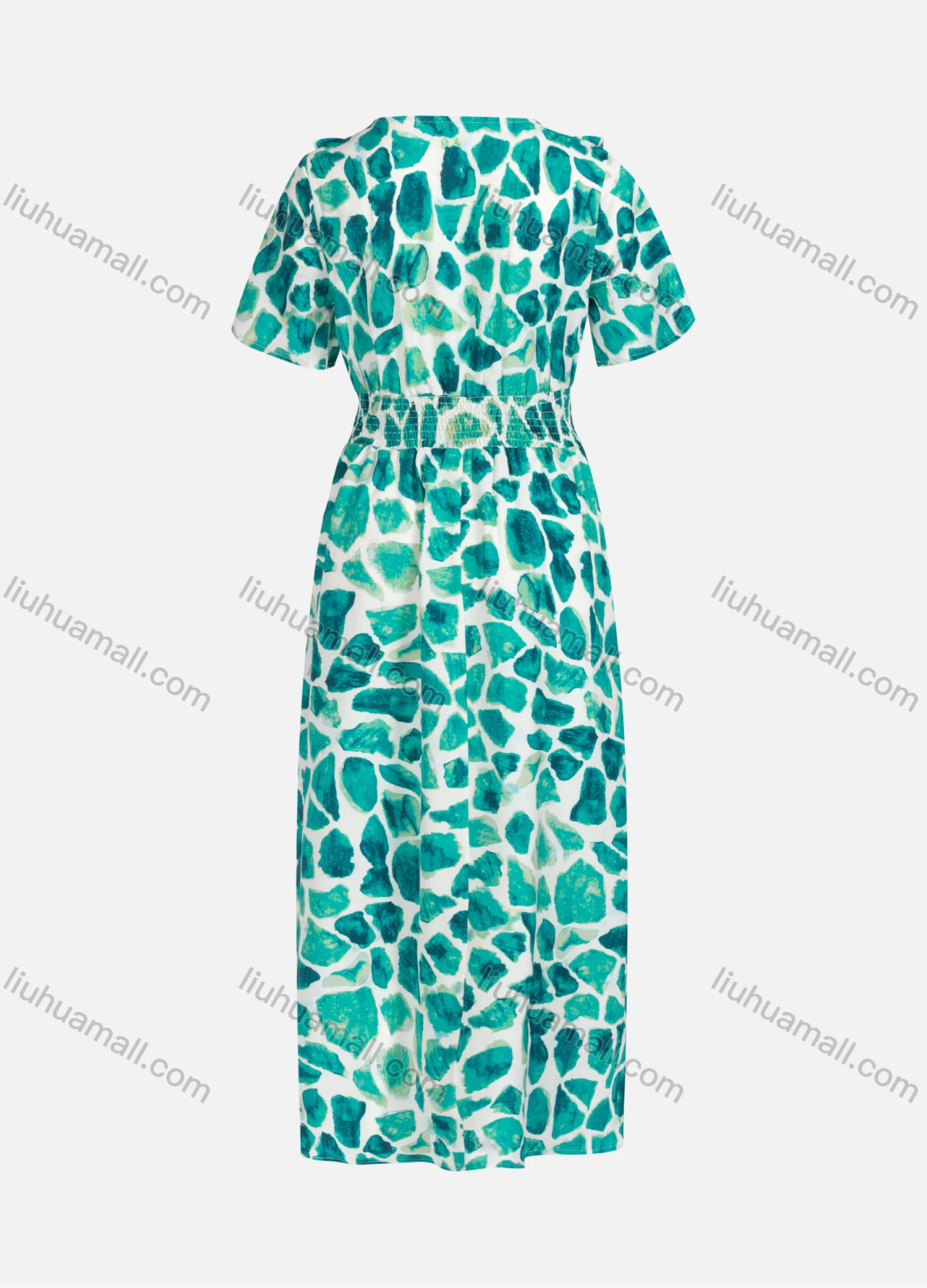 Wholesale Women's Casual Elegant Allover Print Ruffle Trim Short Sleeve Shirred Maxi Dress Y20042# - Liuhuamall