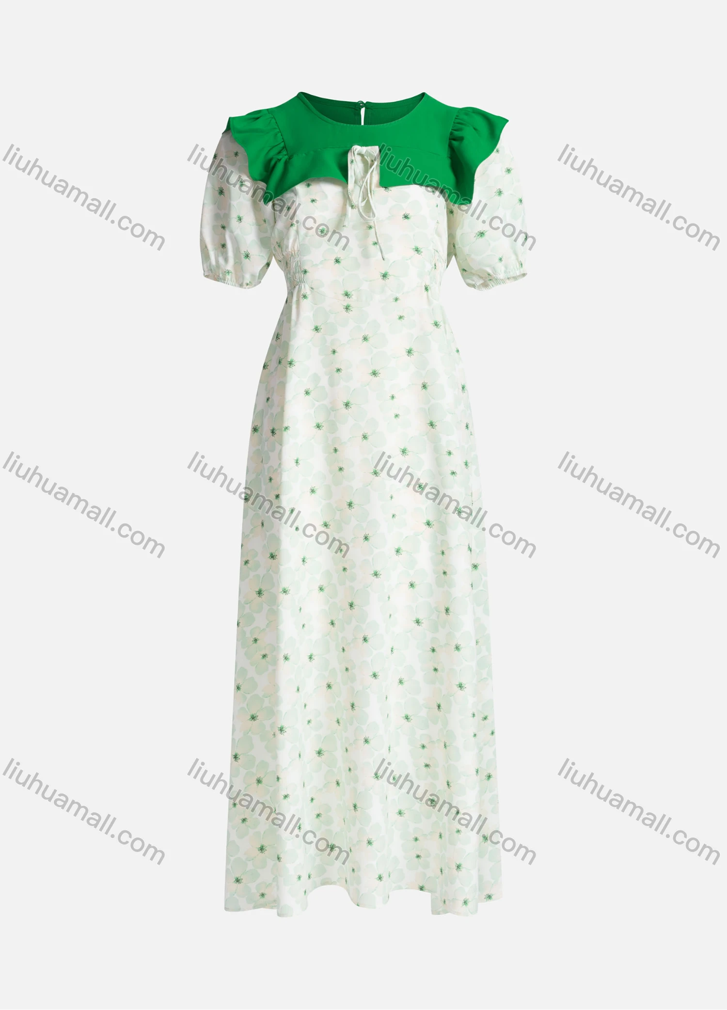 Wholesale Women's Casual Allover Print Ruffle Trim Lace Up Short Sleeve Maxi Dress Y0089# - Liuhuamall