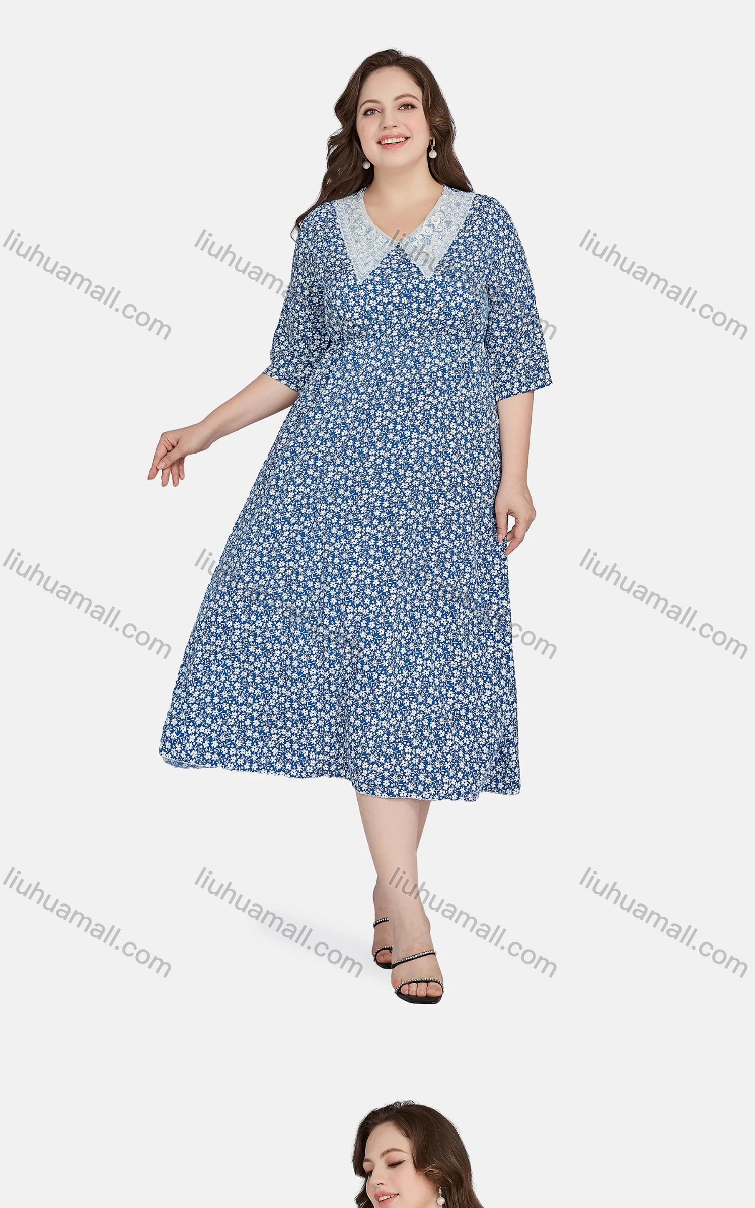 Wholesale Women's Casual Peter Pan Collar Half Sleeve Floral Print Peplum Dress 12126# - Liuhuamall