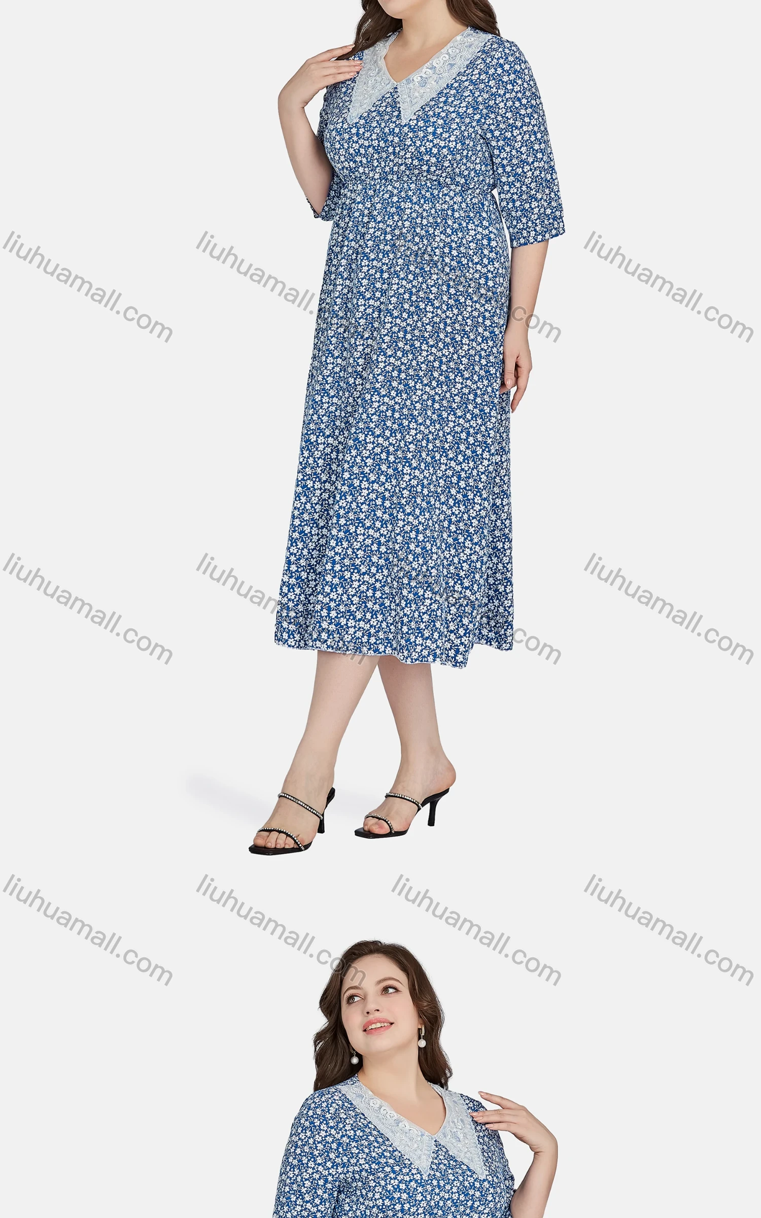 Wholesale Women's Casual Peter Pan Collar Half Sleeve Floral Print Peplum Dress 12126# - Liuhuamall