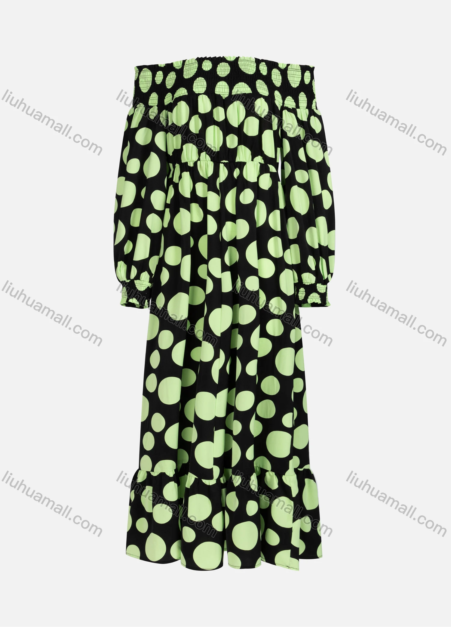 Wholesale Women's Casual Elegant Polka Dot Shirred Off Shoulder Long Sleeve Ruffle Hem Maxi Dress Y20079# - Liuhuamall