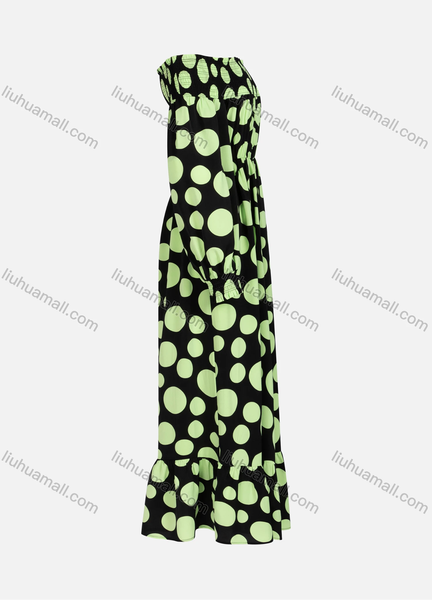 Wholesale Women's Casual Elegant Polka Dot Shirred Off Shoulder Long Sleeve Ruffle Hem Maxi Dress Y20079# - Liuhuamall