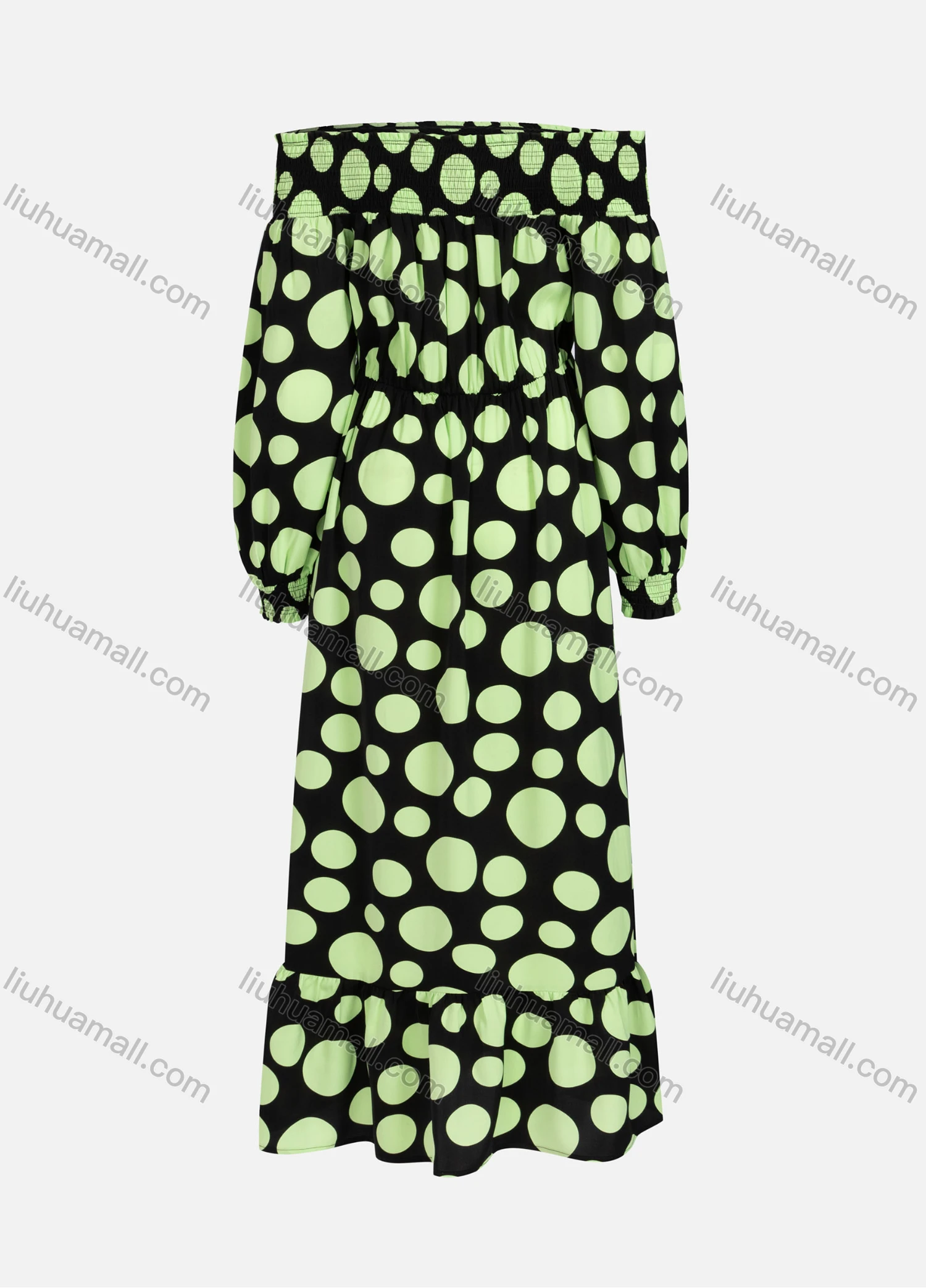 Wholesale Women's Casual Elegant Polka Dot Shirred Off Shoulder Long Sleeve Ruffle Hem Maxi Dress Y20079# - Liuhuamall