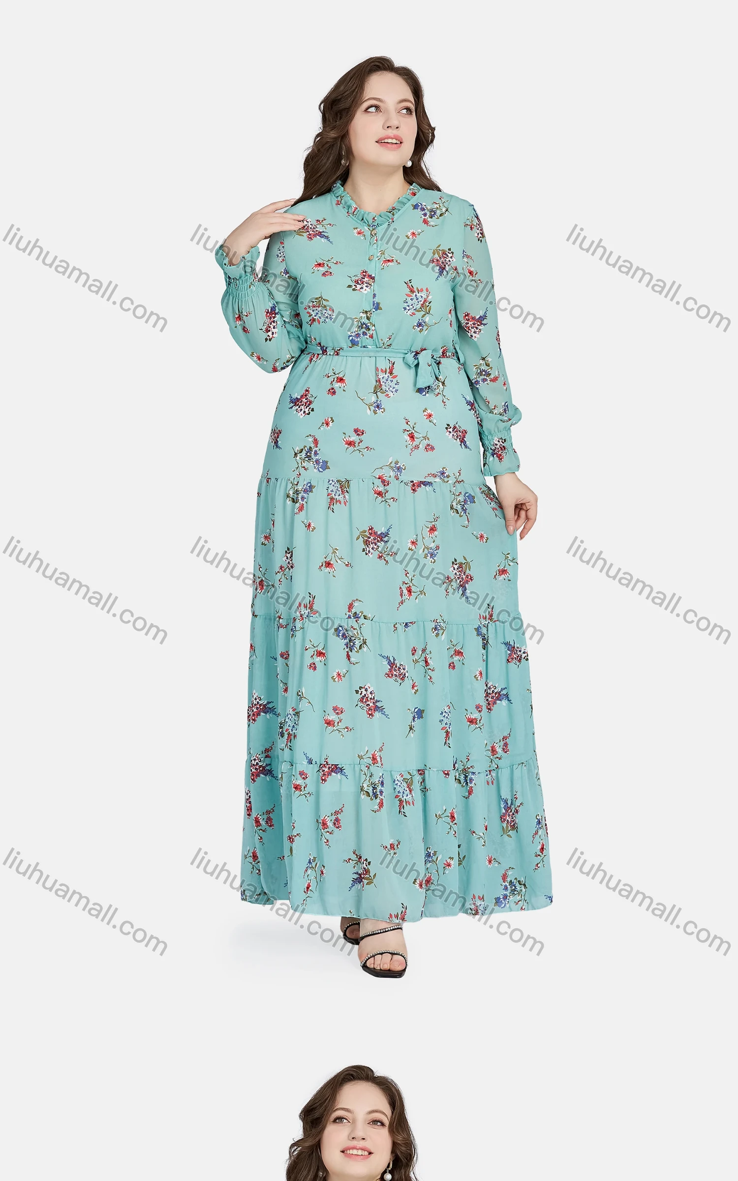 Wholesale Women's Casual Frill Neck Button Front Floral Ruffle Hem Peplum Shirt Dress 12219# - Liuhuamall