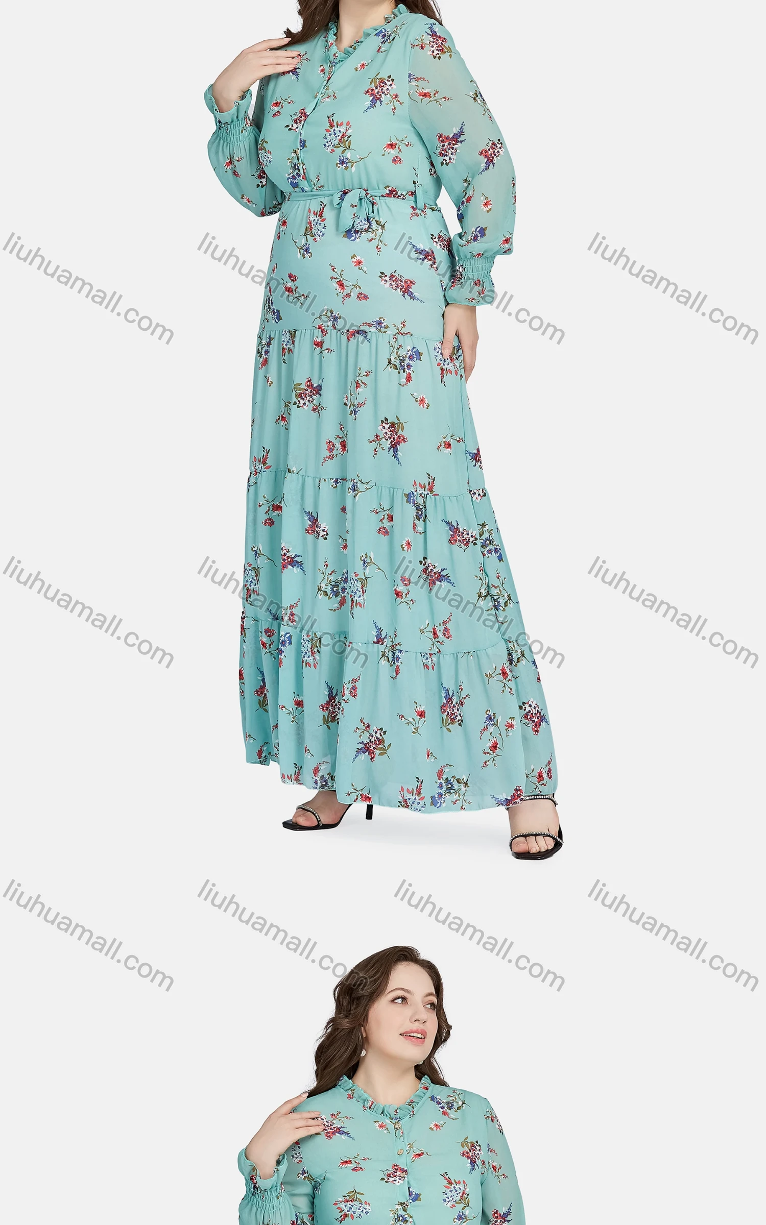 Wholesale Women's Casual Frill Neck Button Front Floral Ruffle Hem Peplum Shirt Dress 12219# - Liuhuamall