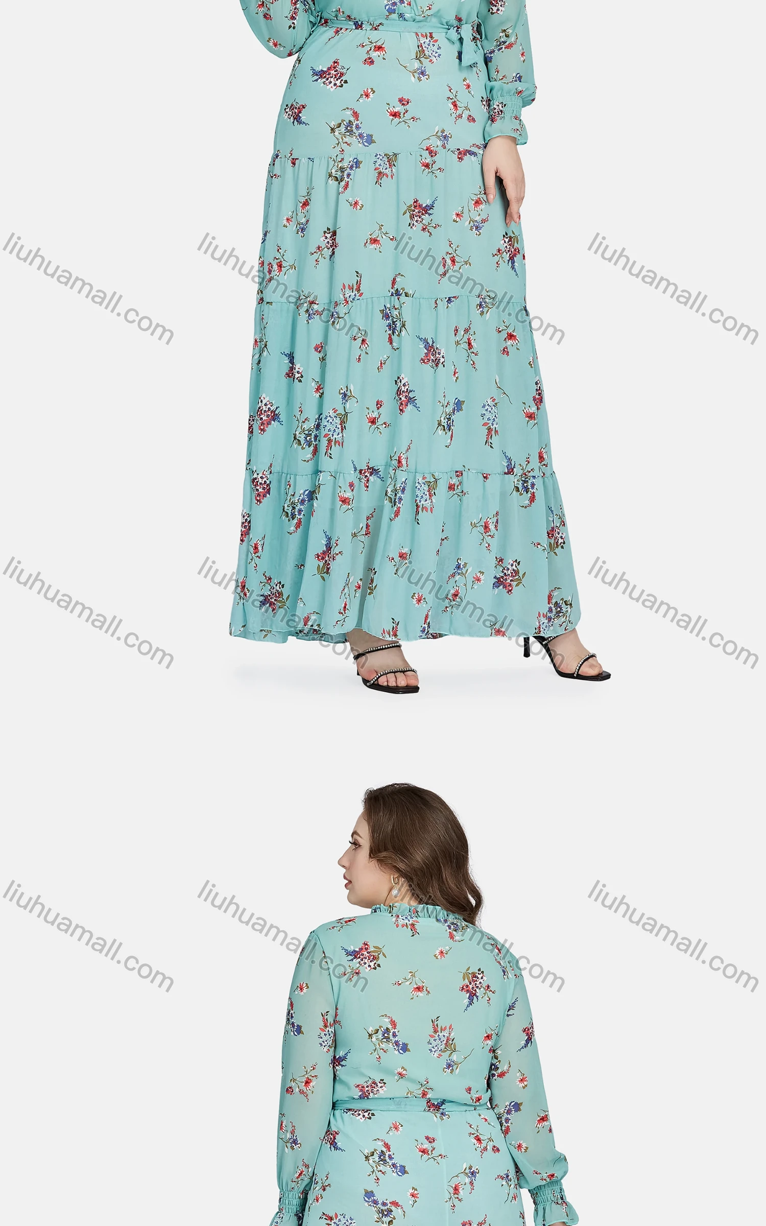 Wholesale Women's Casual Frill Neck Button Front Floral Ruffle Hem Peplum Shirt Dress 12219# - Liuhuamall