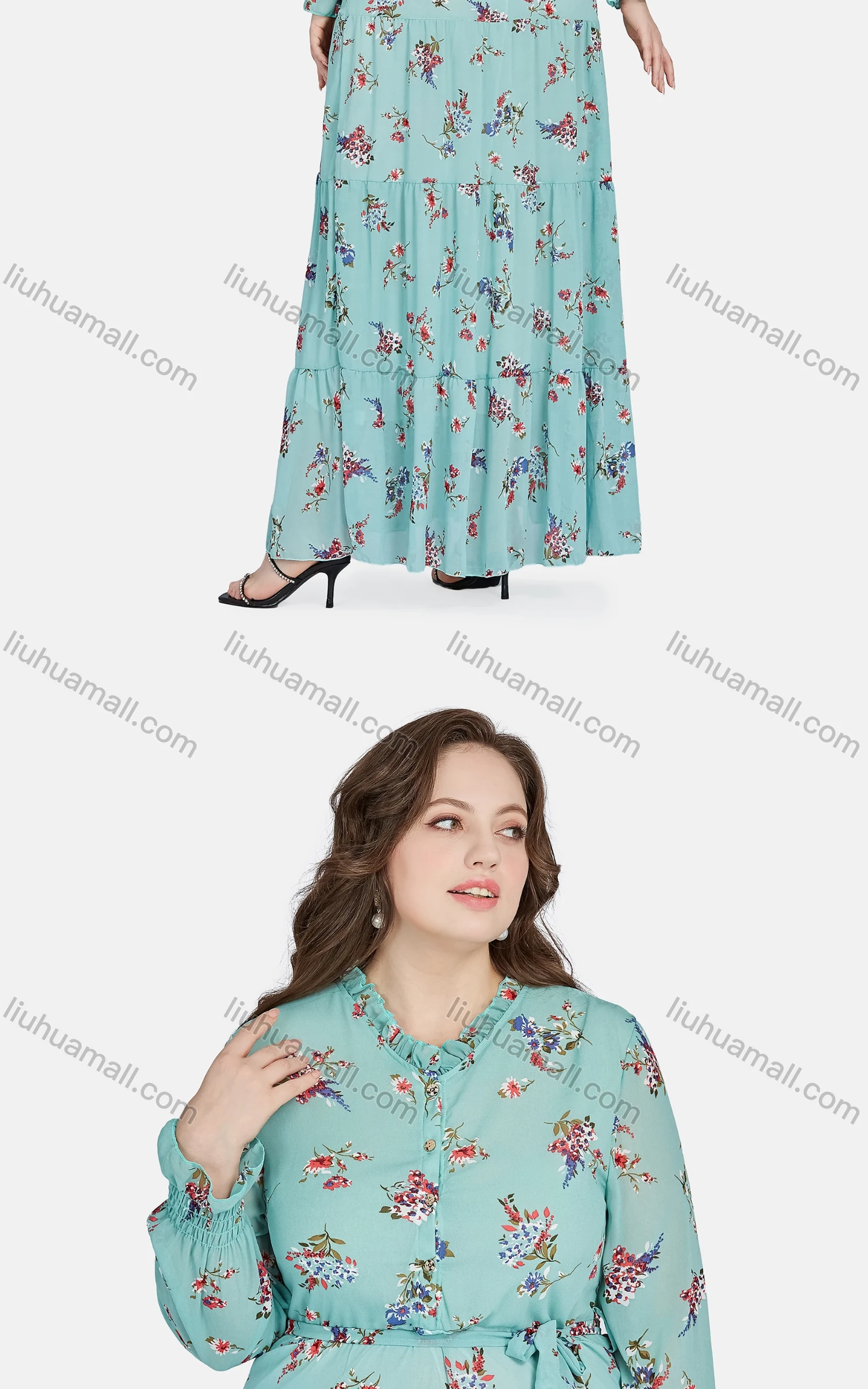 Wholesale Women's Casual Frill Neck Button Front Floral Ruffle Hem Peplum Shirt Dress 12219# - Liuhuamall