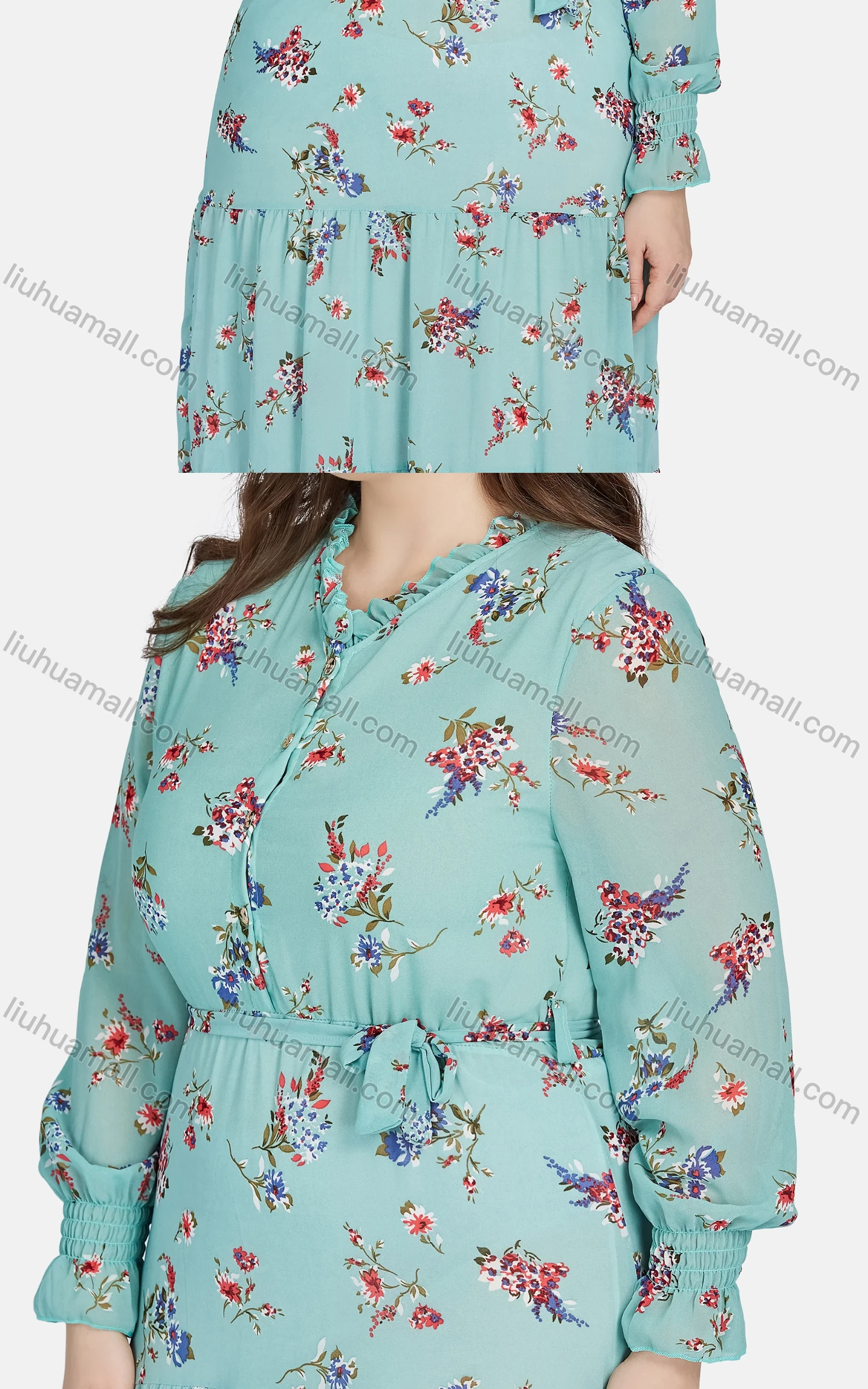 Wholesale Women's Casual Frill Neck Button Front Floral Ruffle Hem Peplum Shirt Dress 12219# - Liuhuamall