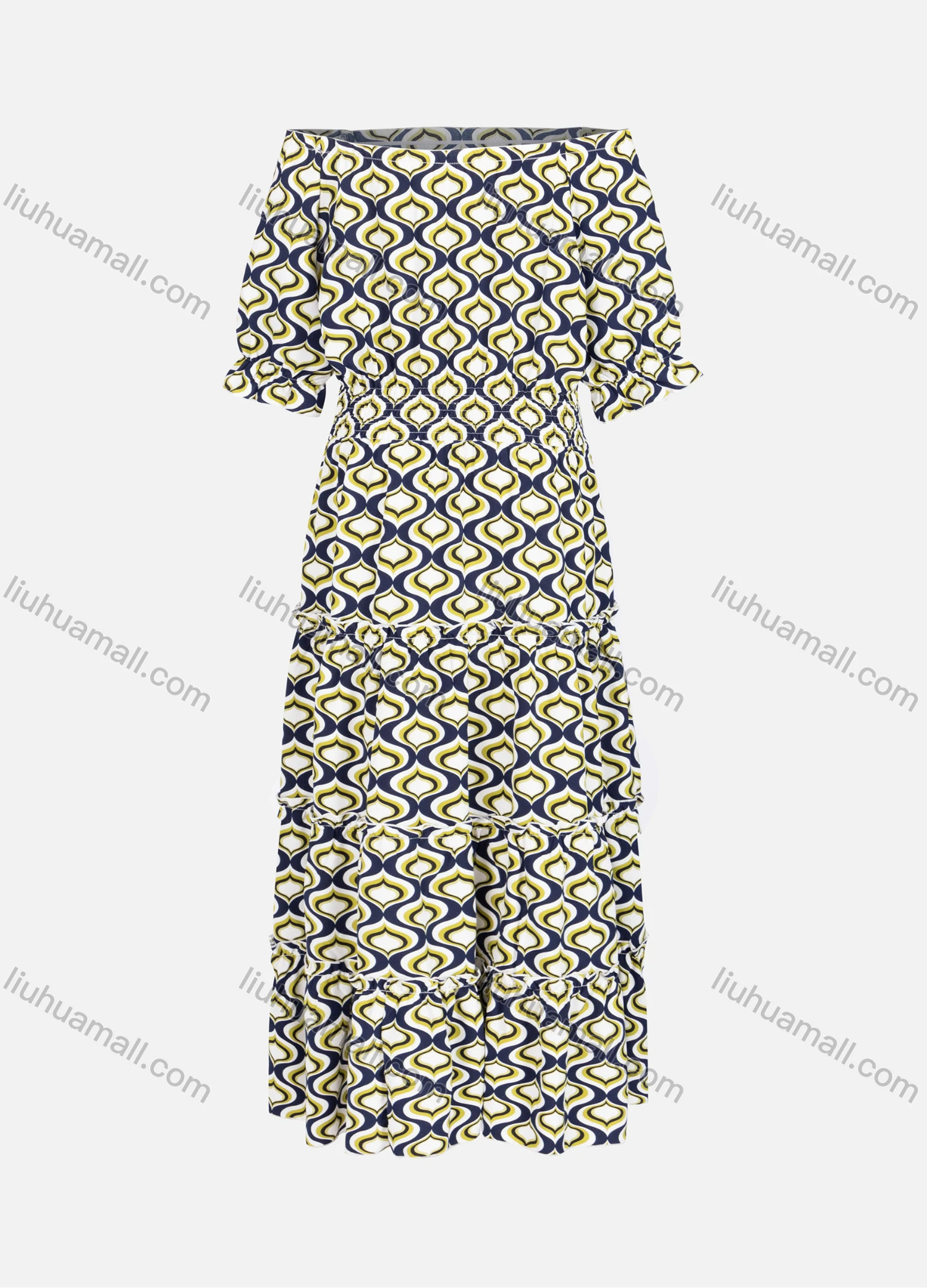 Wholesale Women's Casual Allover Print Shirred Off Shoulder Half Sleeve Ruffle Hem Maxi Dress Y0092# - Liuhuamall