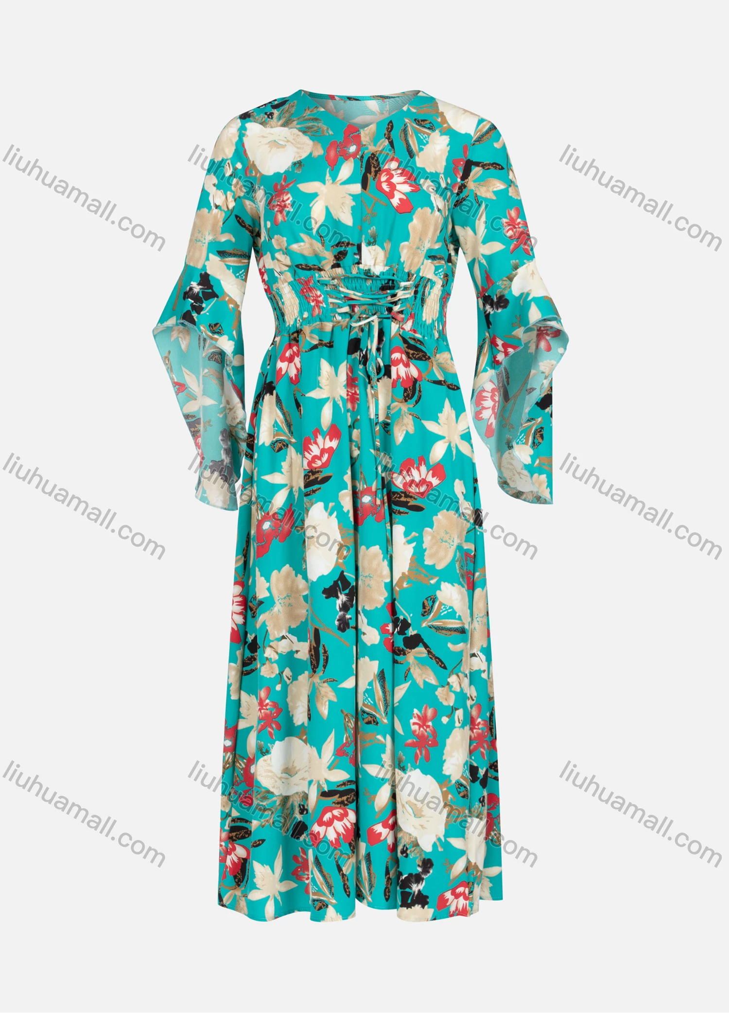 Wholesale Women's Casual Elegant V Neck Floral Print Butterfly Sleeve Lace Up Shirred Maxi Dress Y20032# - Liuhuamall