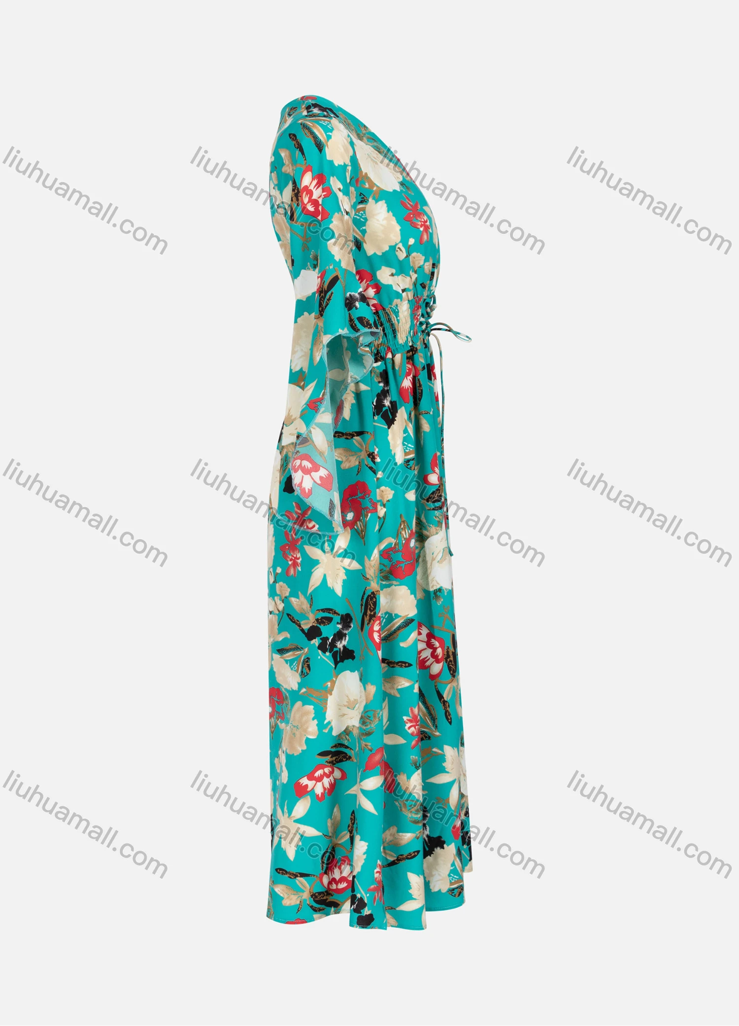 Wholesale Women's Casual Elegant V Neck Floral Print Butterfly Sleeve Lace Up Shirred Maxi Dress Y20032# - Liuhuamall