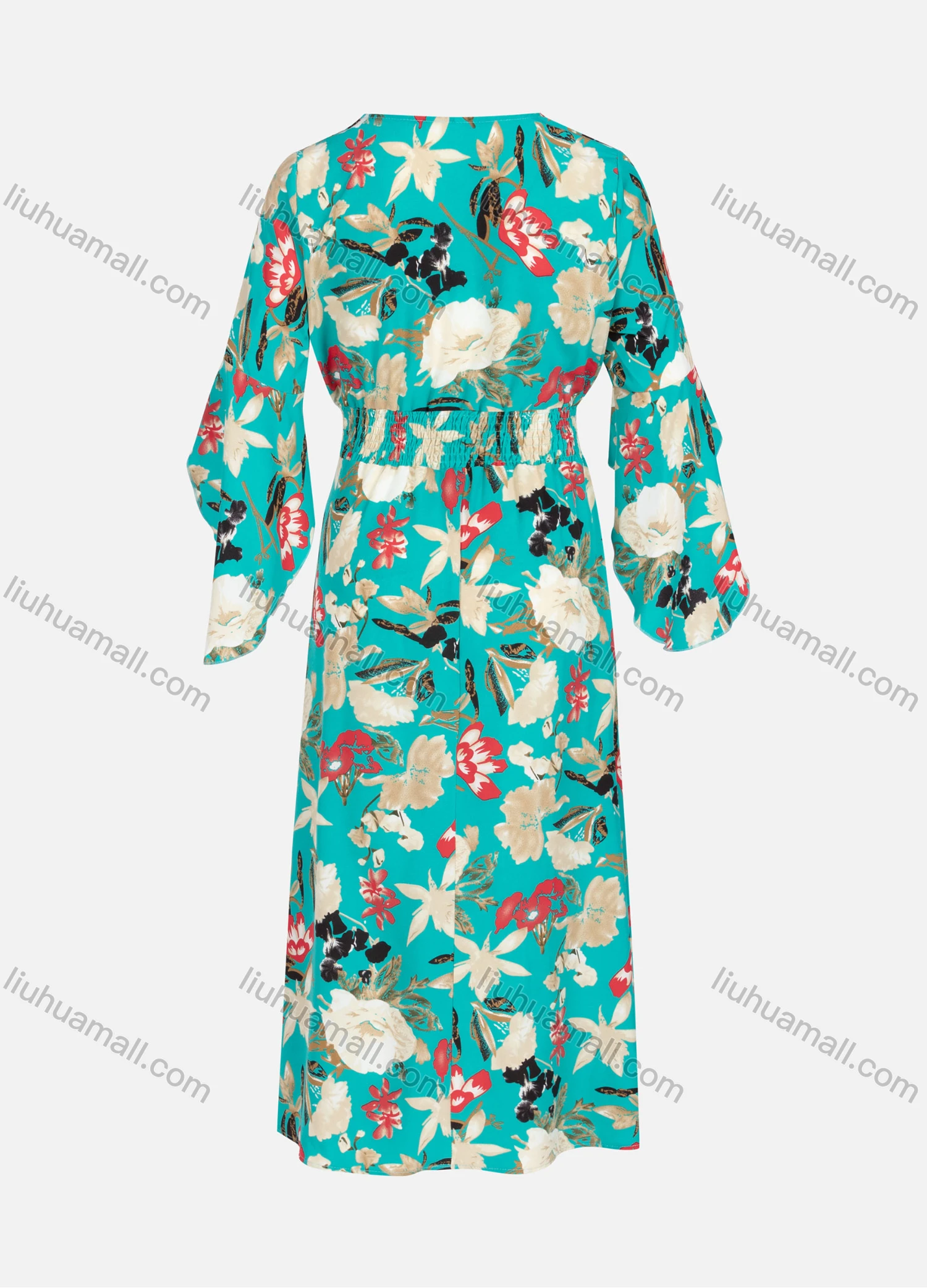 Wholesale Women's Casual Elegant V Neck Floral Print Butterfly Sleeve Lace Up Shirred Maxi Dress Y20032# - Liuhuamall