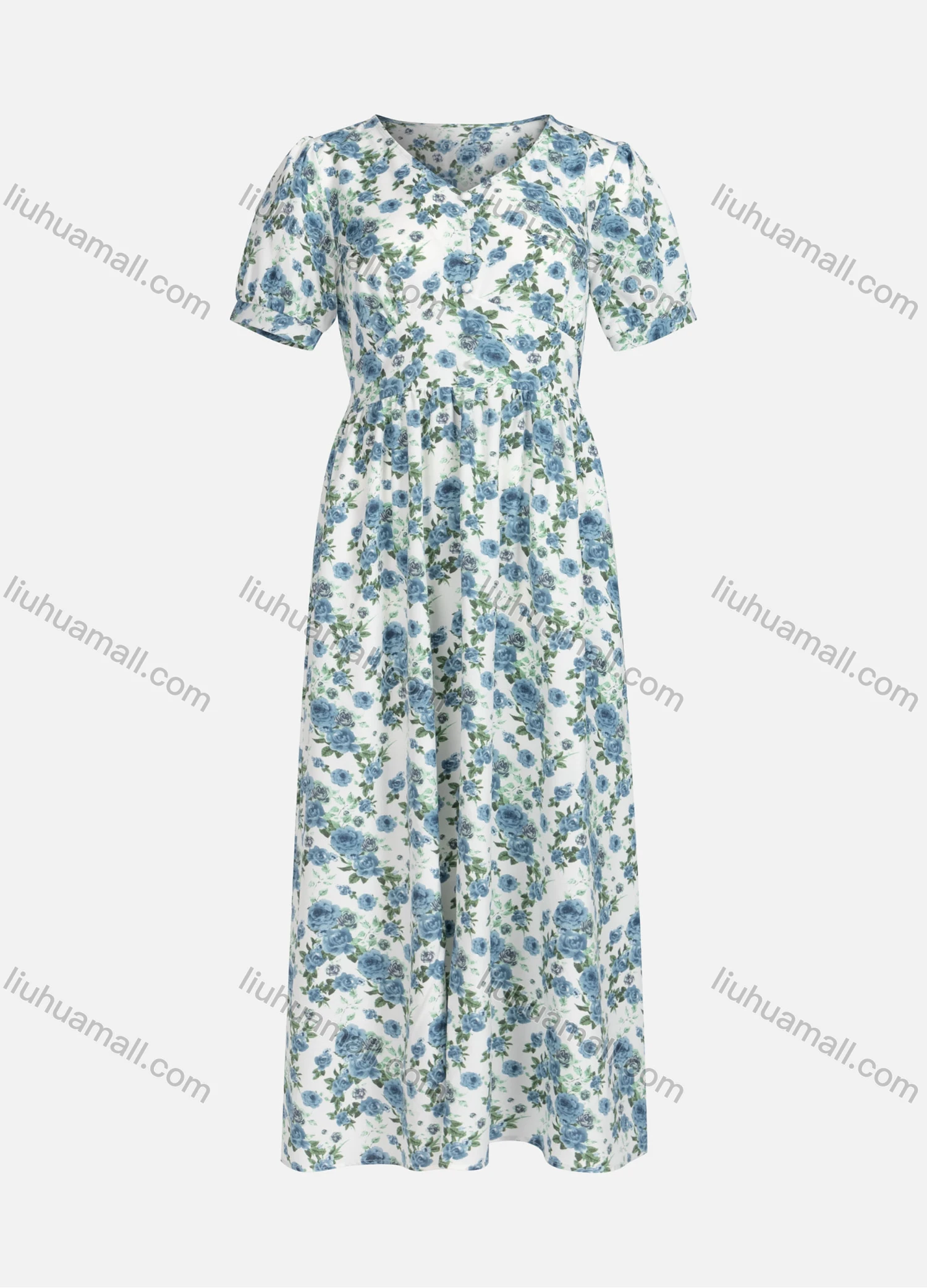 Wholesale Women's Casual Elegant Floral Print V Neck Buttons Front Short Sleeve Maxi Dress Y0090# - Liuhuamall