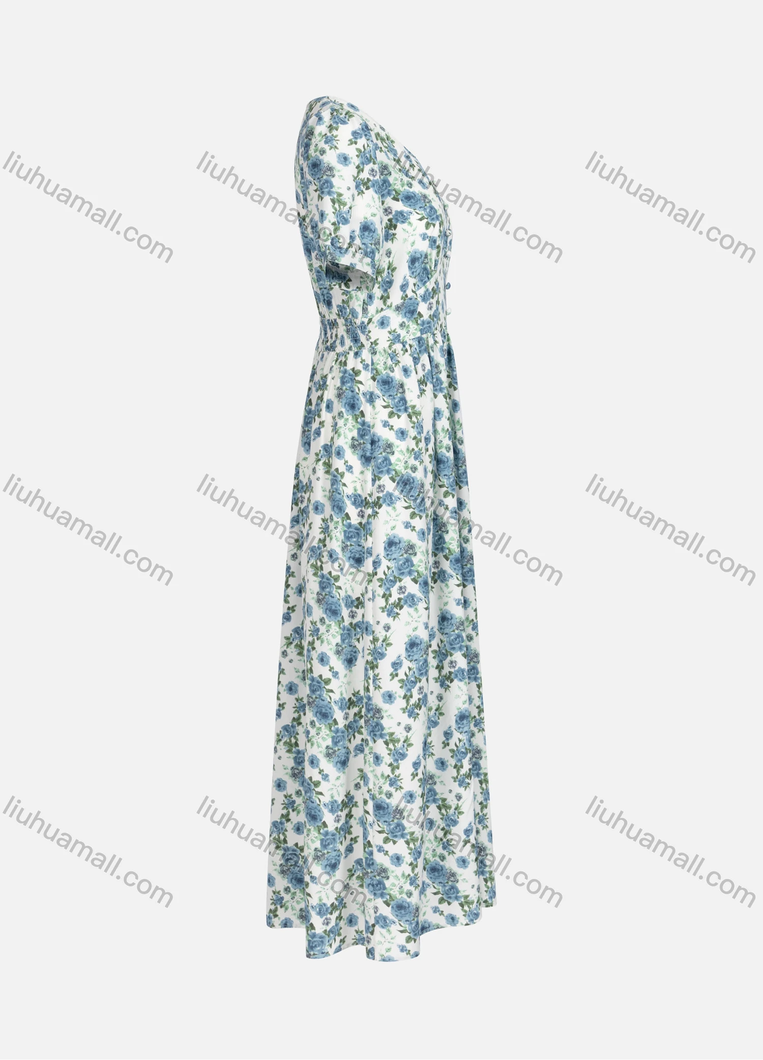 Wholesale Women's Casual Elegant Floral Print V Neck Buttons Front Short Sleeve Maxi Dress Y0090# - Liuhuamall