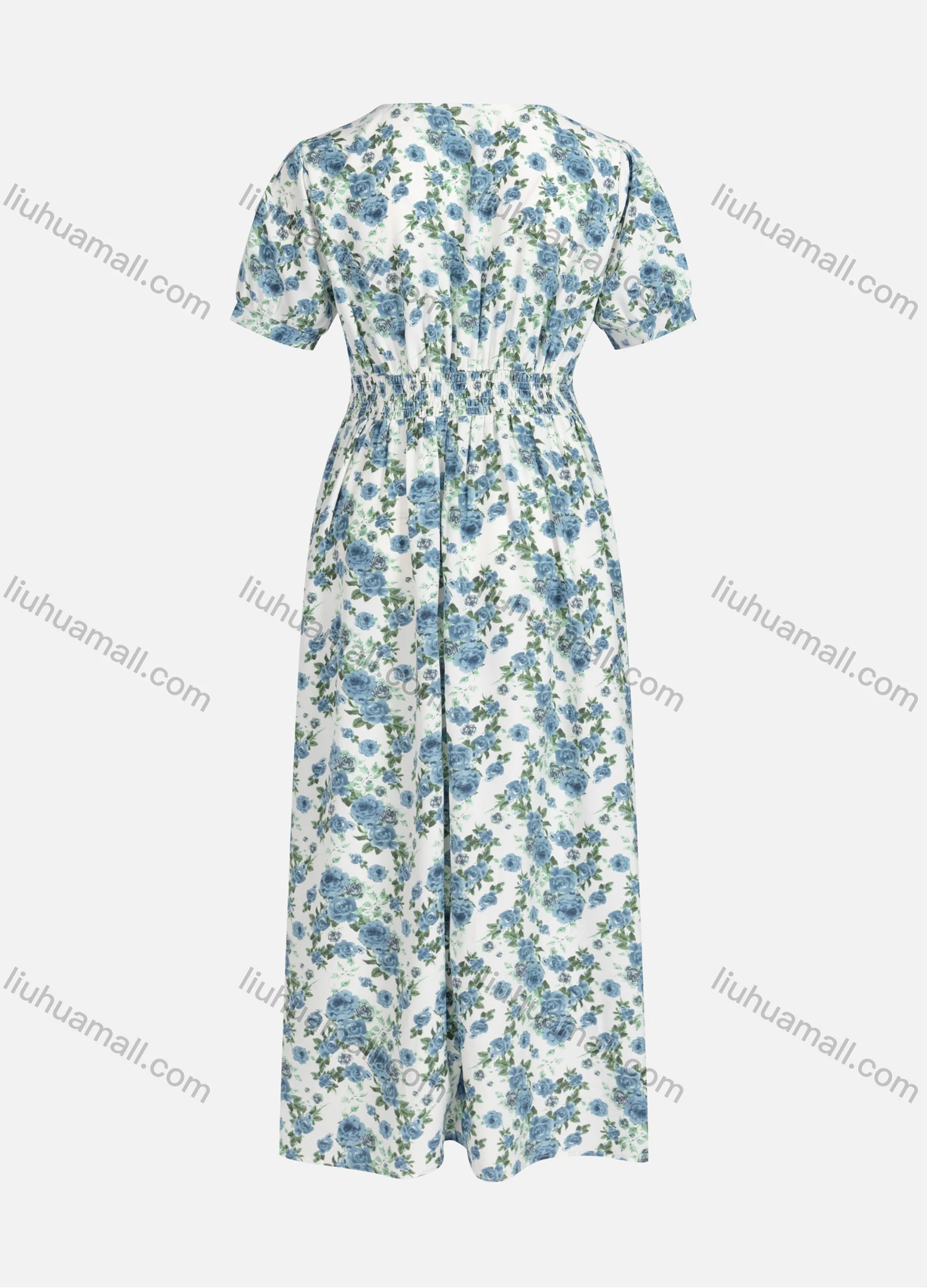 Wholesale Women's Casual Elegant Floral Print V Neck Buttons Front Short Sleeve Maxi Dress Y0090# - Liuhuamall