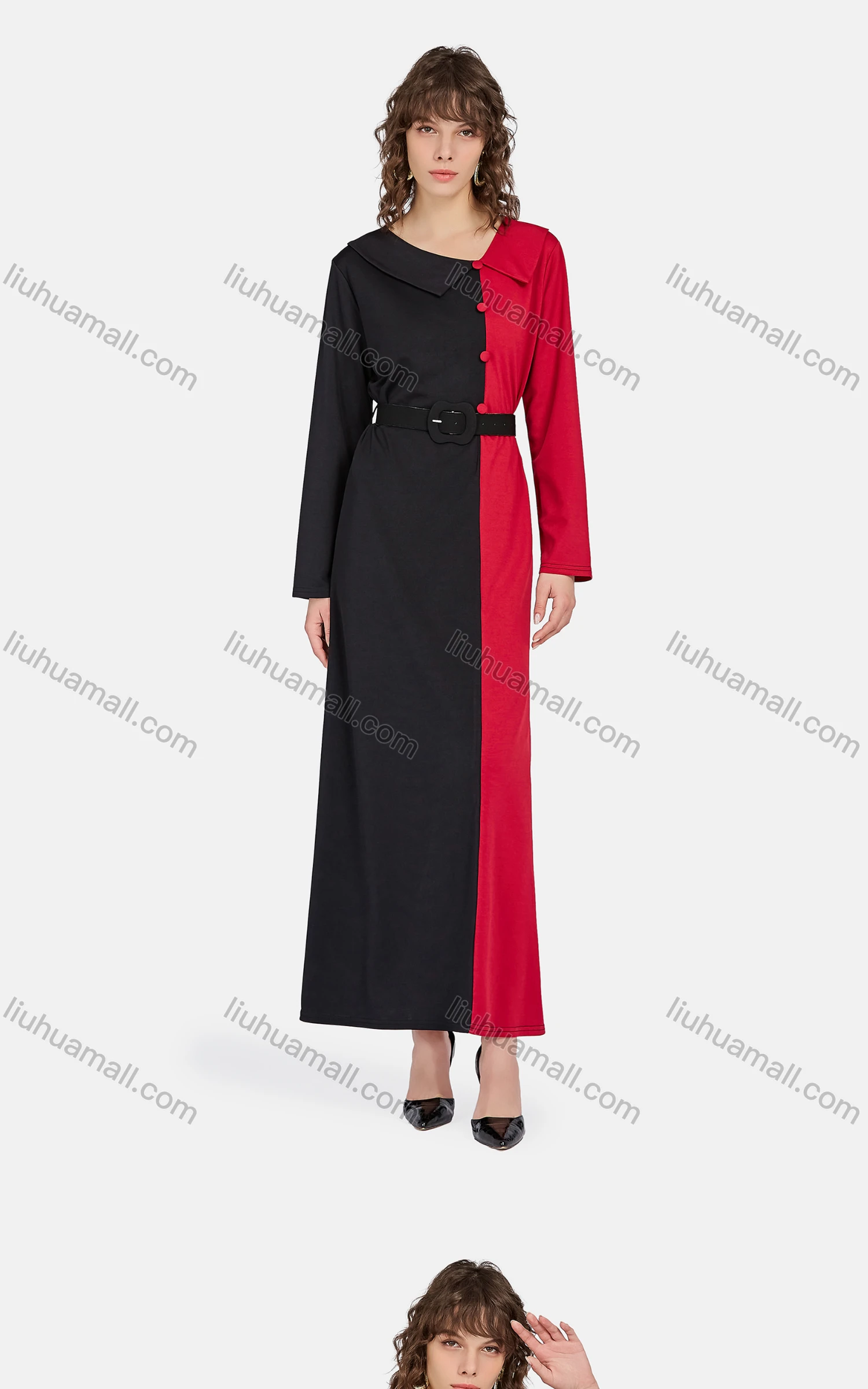 Wholesale Women's Casual Asymmetrical Neck Long Sleeve Belted Colorblock Maxi Dress - Liuhuamall