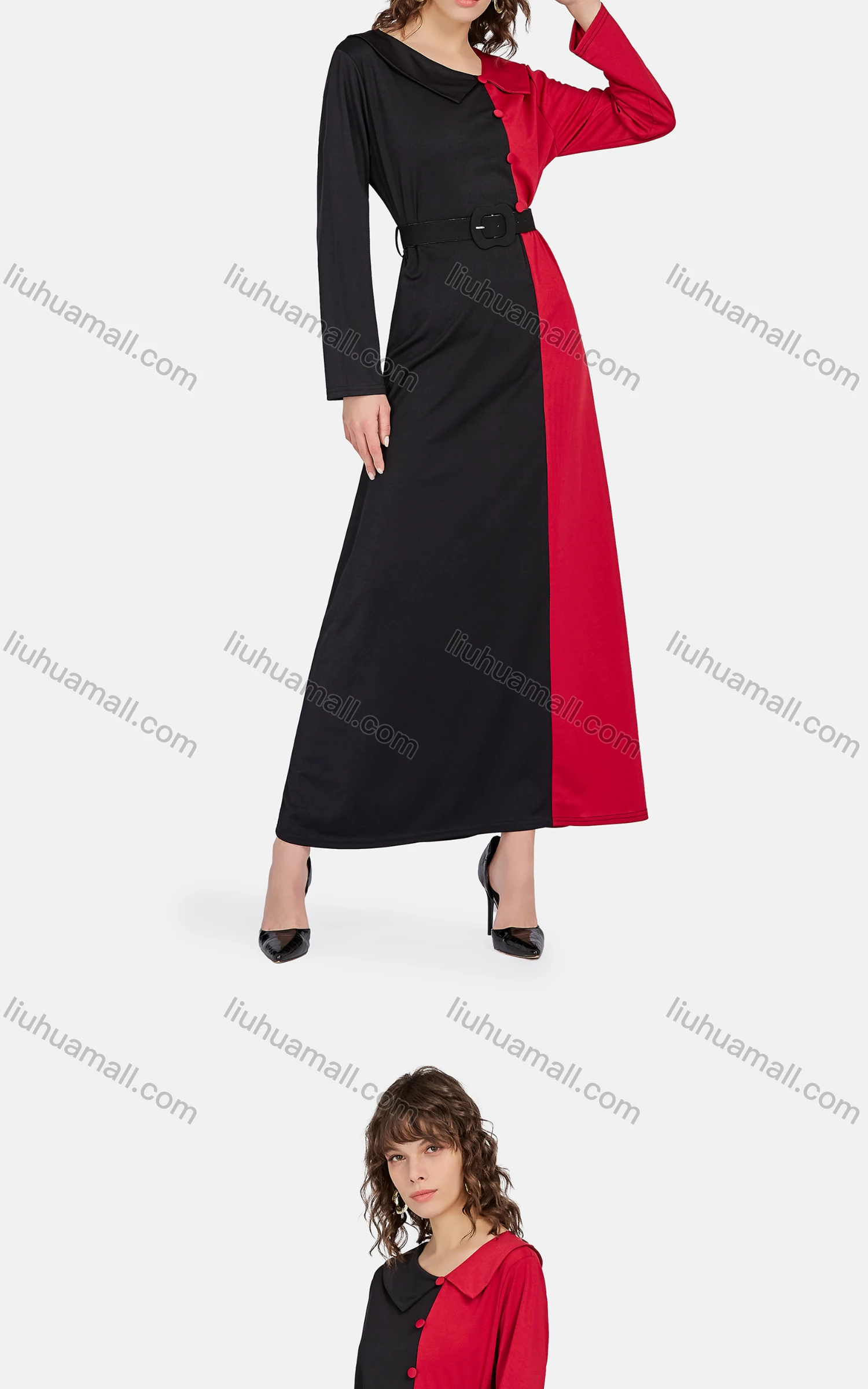 Wholesale Women's Casual Asymmetrical Neck Long Sleeve Belted Colorblock Maxi Dress - Liuhuamall