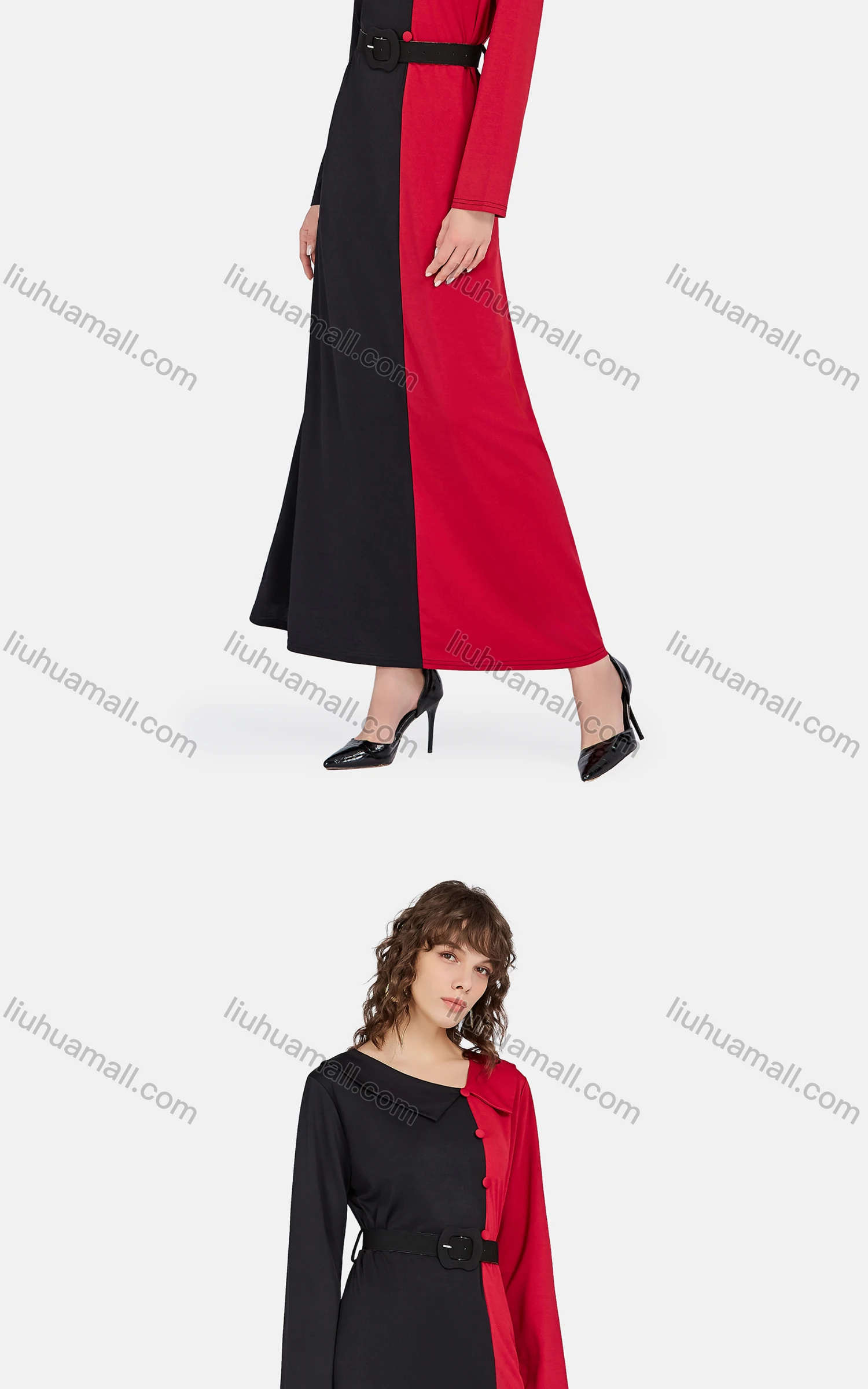 Wholesale Women's Casual Asymmetrical Neck Long Sleeve Belted Colorblock Maxi Dress - Liuhuamall