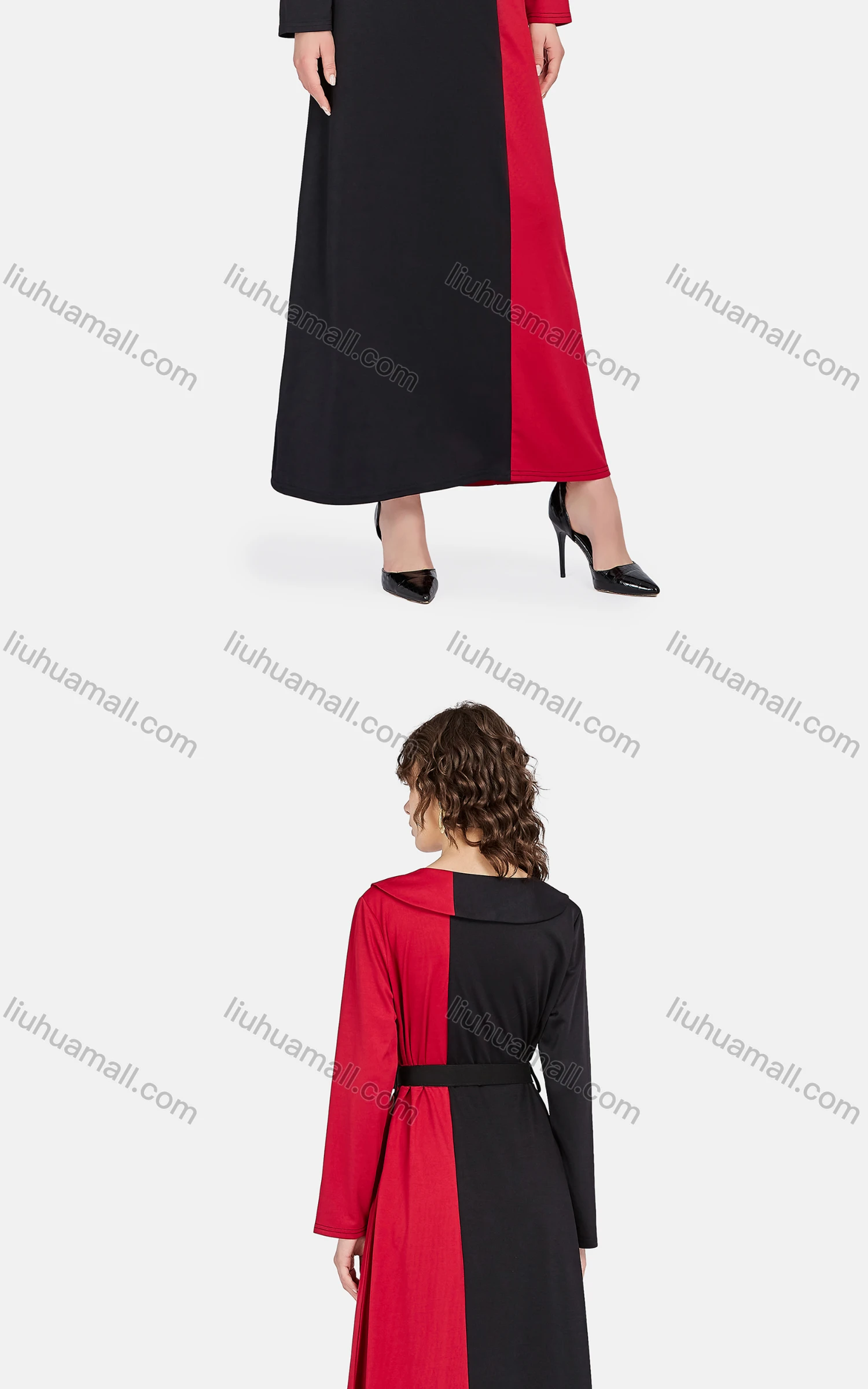 Wholesale Women's Casual Asymmetrical Neck Long Sleeve Belted Colorblock Maxi Dress - Liuhuamall