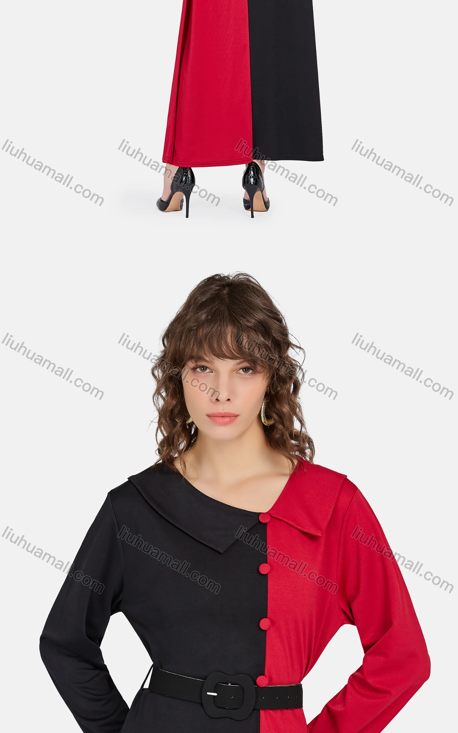 Wholesale Women's Casual Asymmetrical Neck Long Sleeve Belted Colorblock Maxi Dress - Liuhuamall