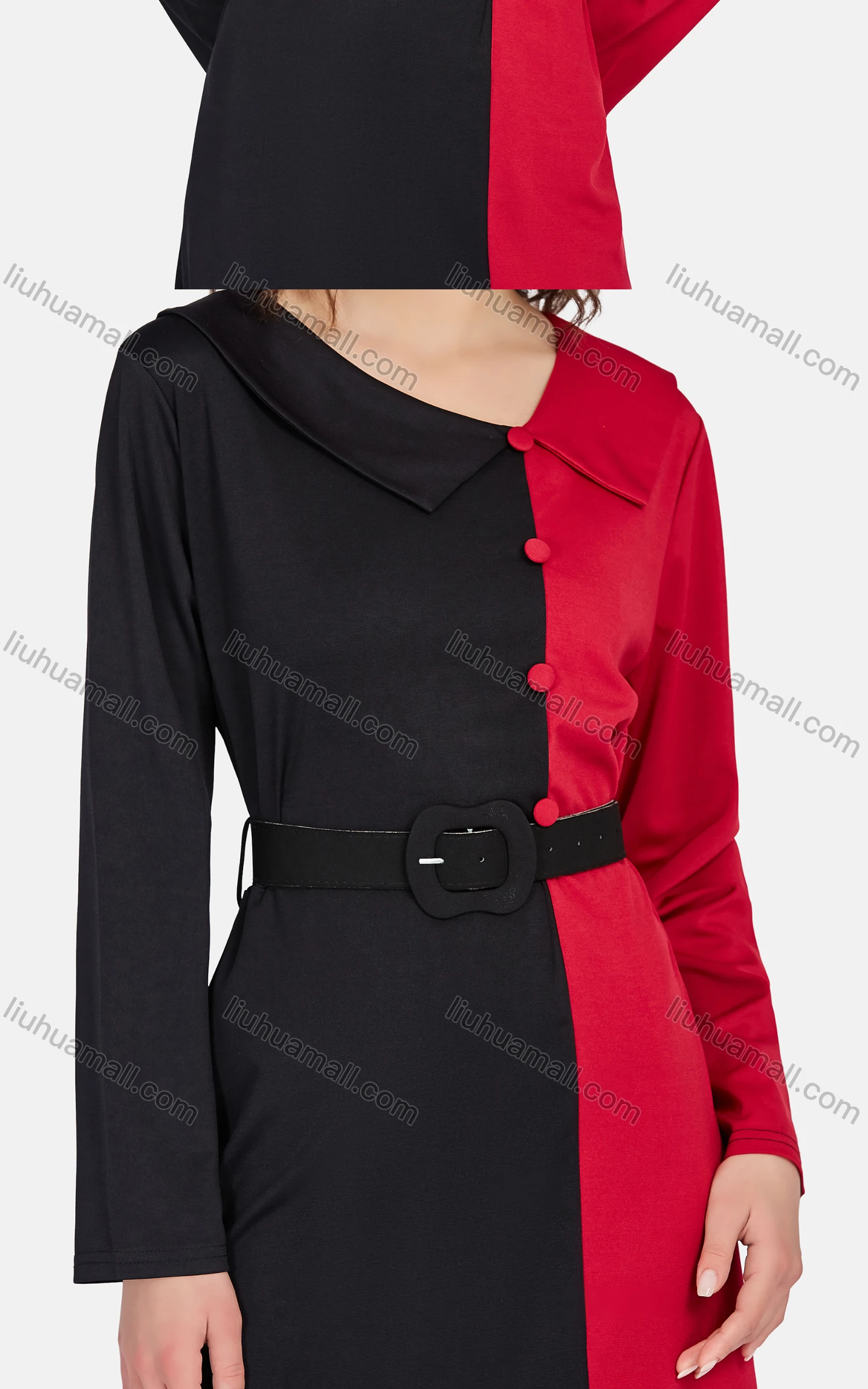 Wholesale Women's Casual Asymmetrical Neck Long Sleeve Belted Colorblock Maxi Dress - Liuhuamall
