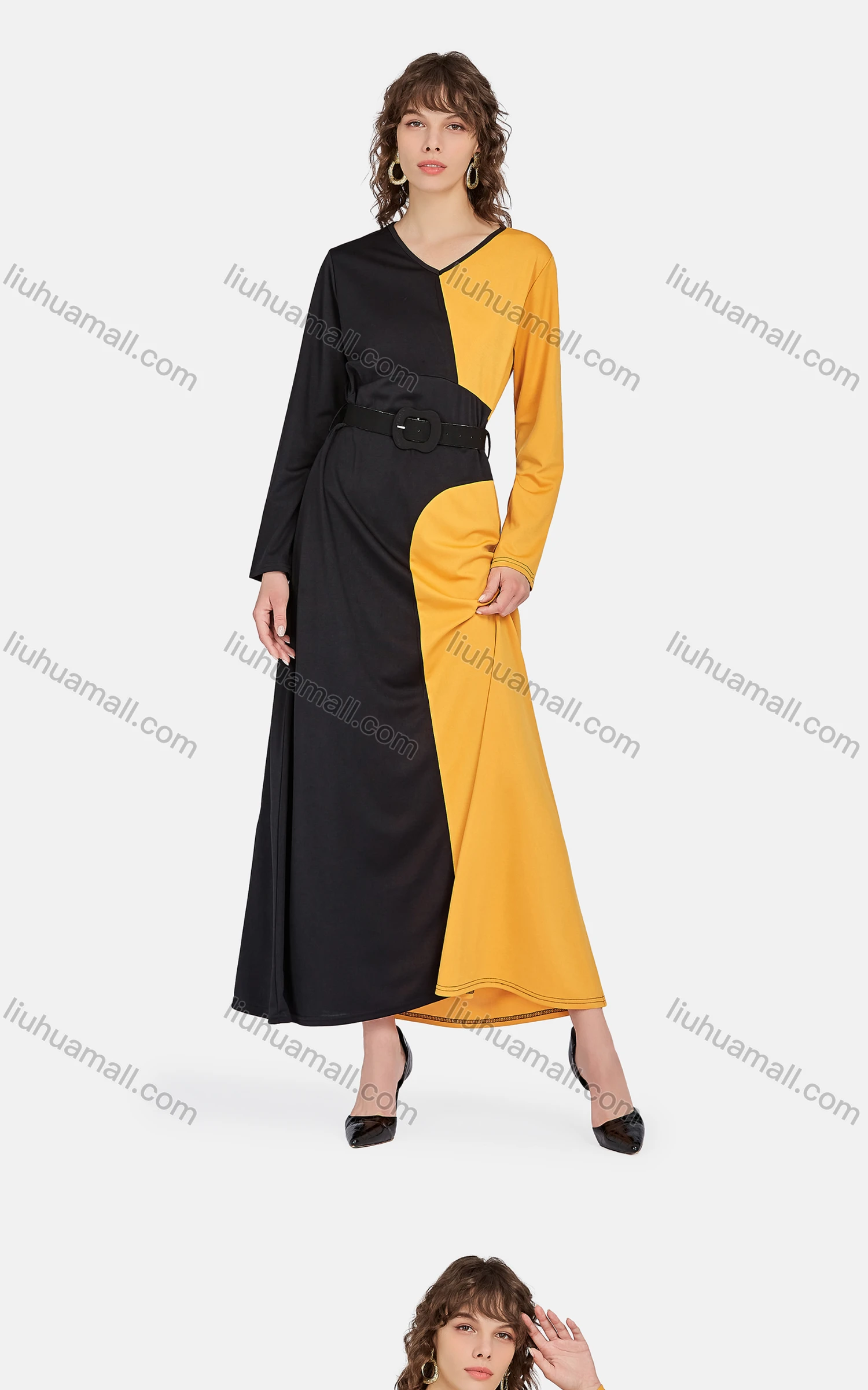 Wholesale Women's Casual Long Sleeve V Neck Belted Asymmetrical Colorblock Maxi Dress - Liuhuamall