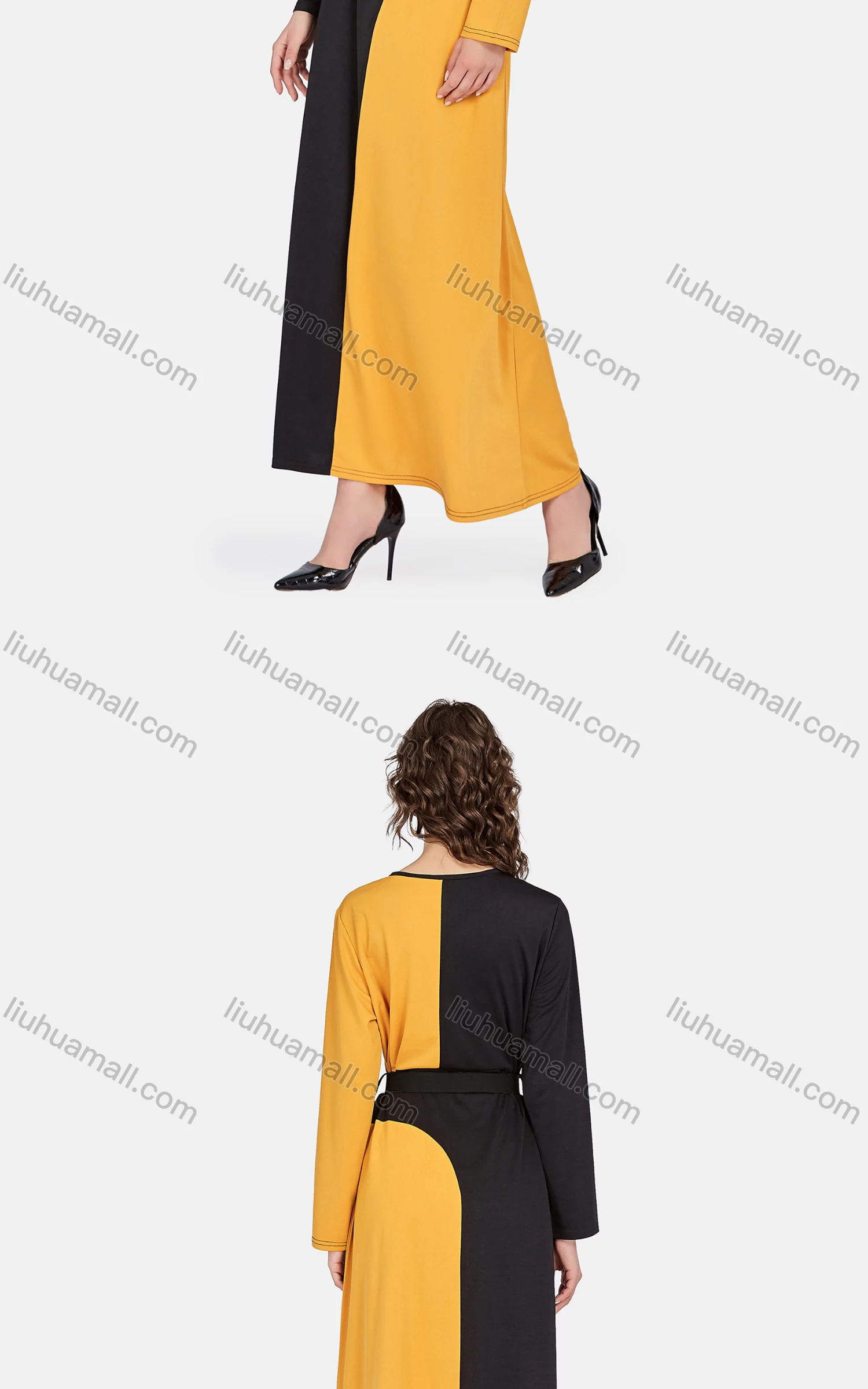 Wholesale Women's Casual Long Sleeve V Neck Belted Asymmetrical Colorblock Maxi Dress - Liuhuamall