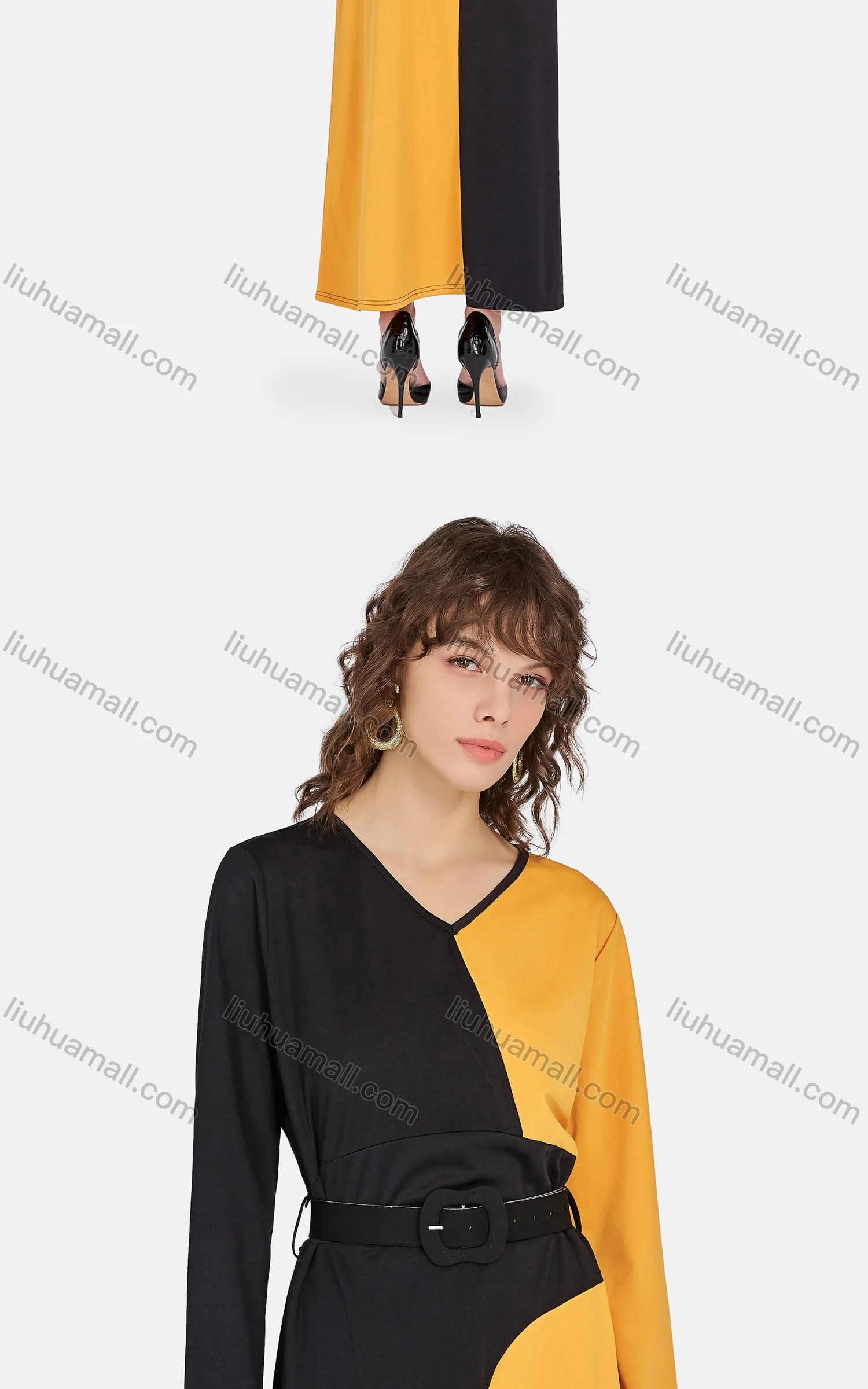 Wholesale Women's Casual Long Sleeve V Neck Belted Asymmetrical Colorblock Maxi Dress - Liuhuamall