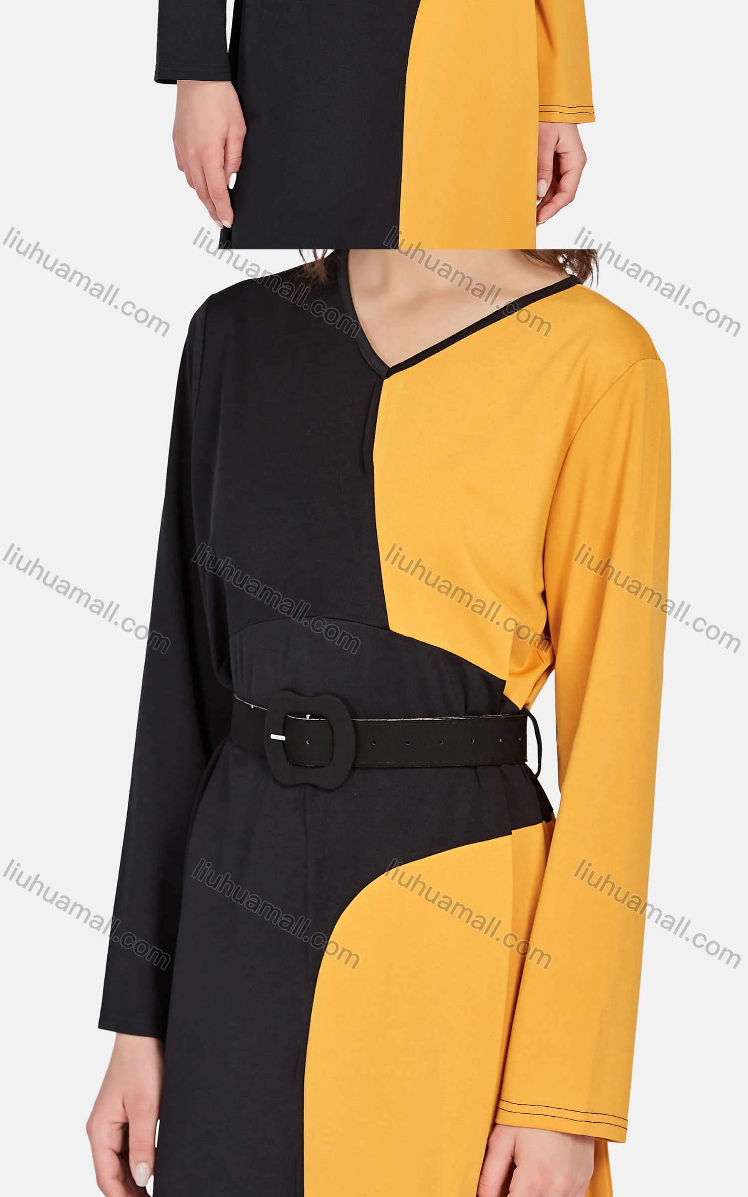 Wholesale Women's Casual Long Sleeve V Neck Belted Asymmetrical Colorblock Maxi Dress - Liuhuamall