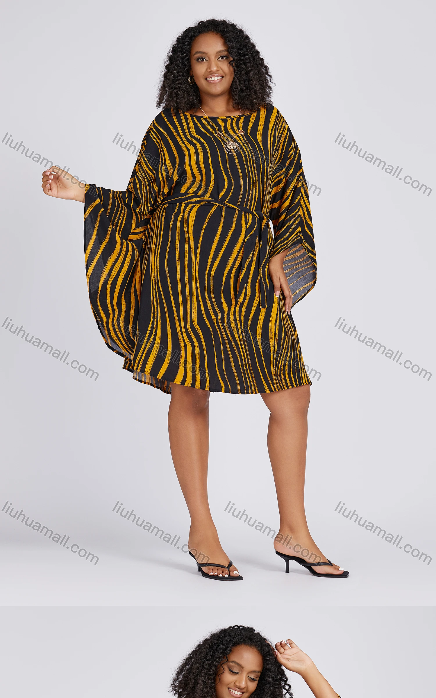 Wholesale Women's Casual Hollow Out Bat Sleeve Striped Loose Fit Dress 719# - Liuhuamall