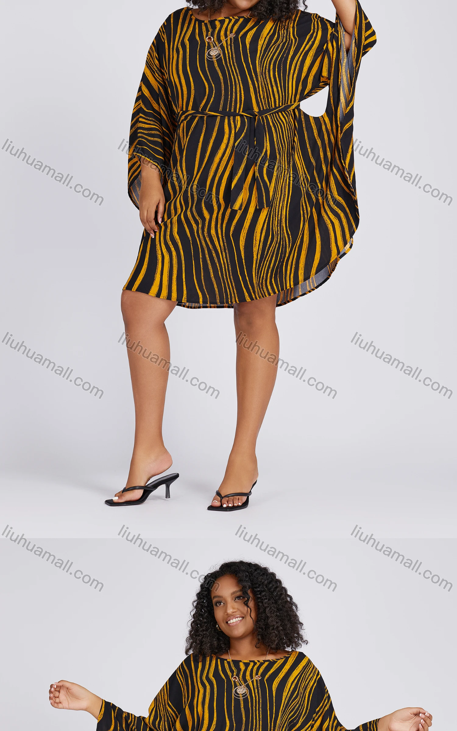 Wholesale Women's Casual Hollow Out Bat Sleeve Striped Loose Fit Dress 719# - Liuhuamall