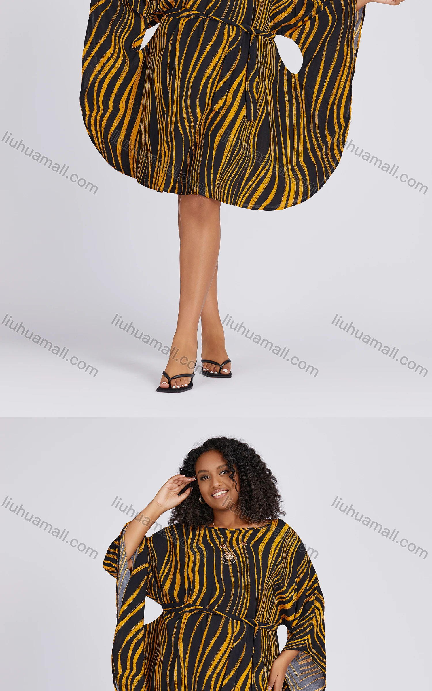 Wholesale Women's Casual Hollow Out Bat Sleeve Striped Loose Fit Dress 719# - Liuhuamall