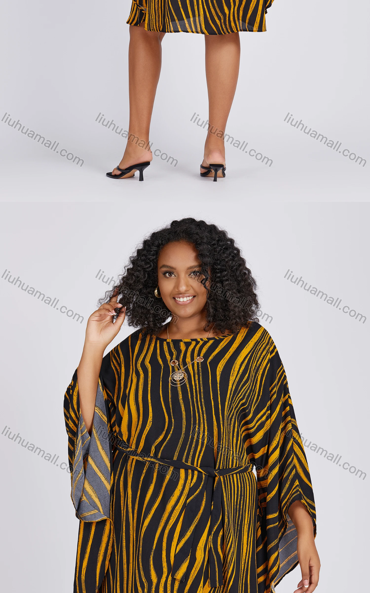 Wholesale Women's Casual Hollow Out Bat Sleeve Striped Loose Fit Dress 719# - Liuhuamall