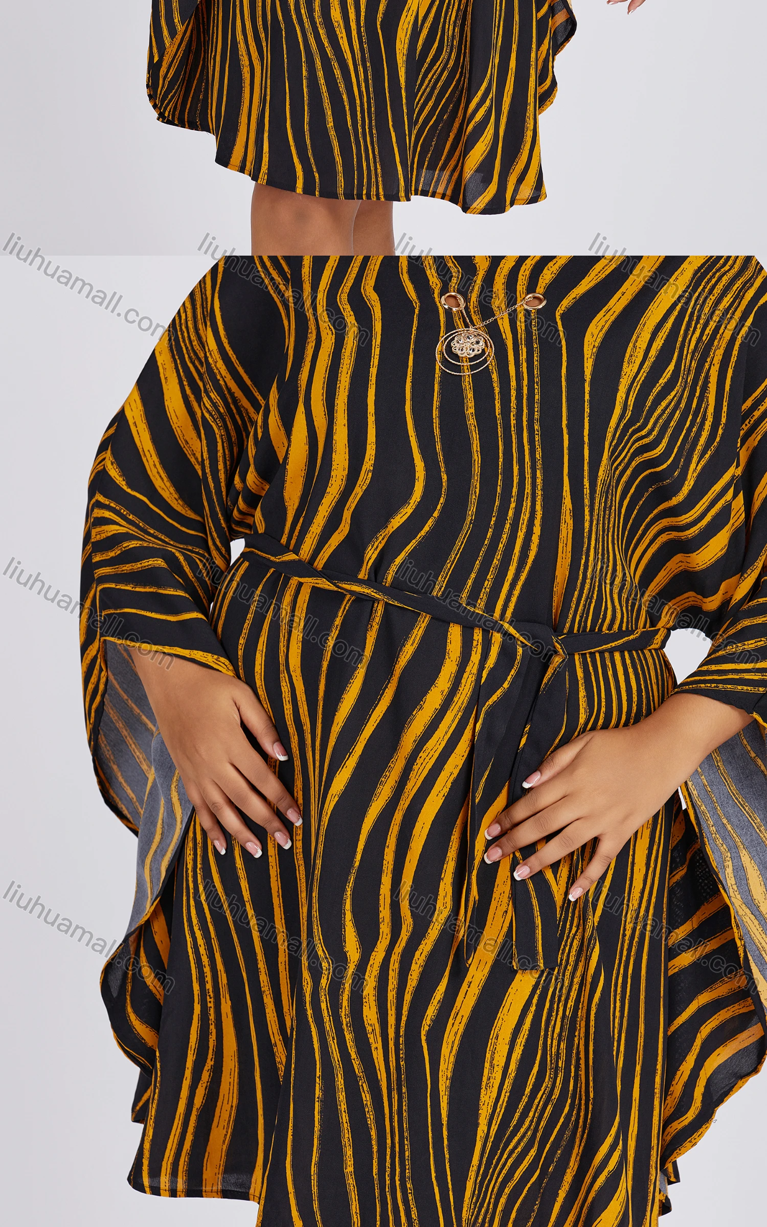 Wholesale Women's Casual Hollow Out Bat Sleeve Striped Loose Fit Dress 719# - Liuhuamall