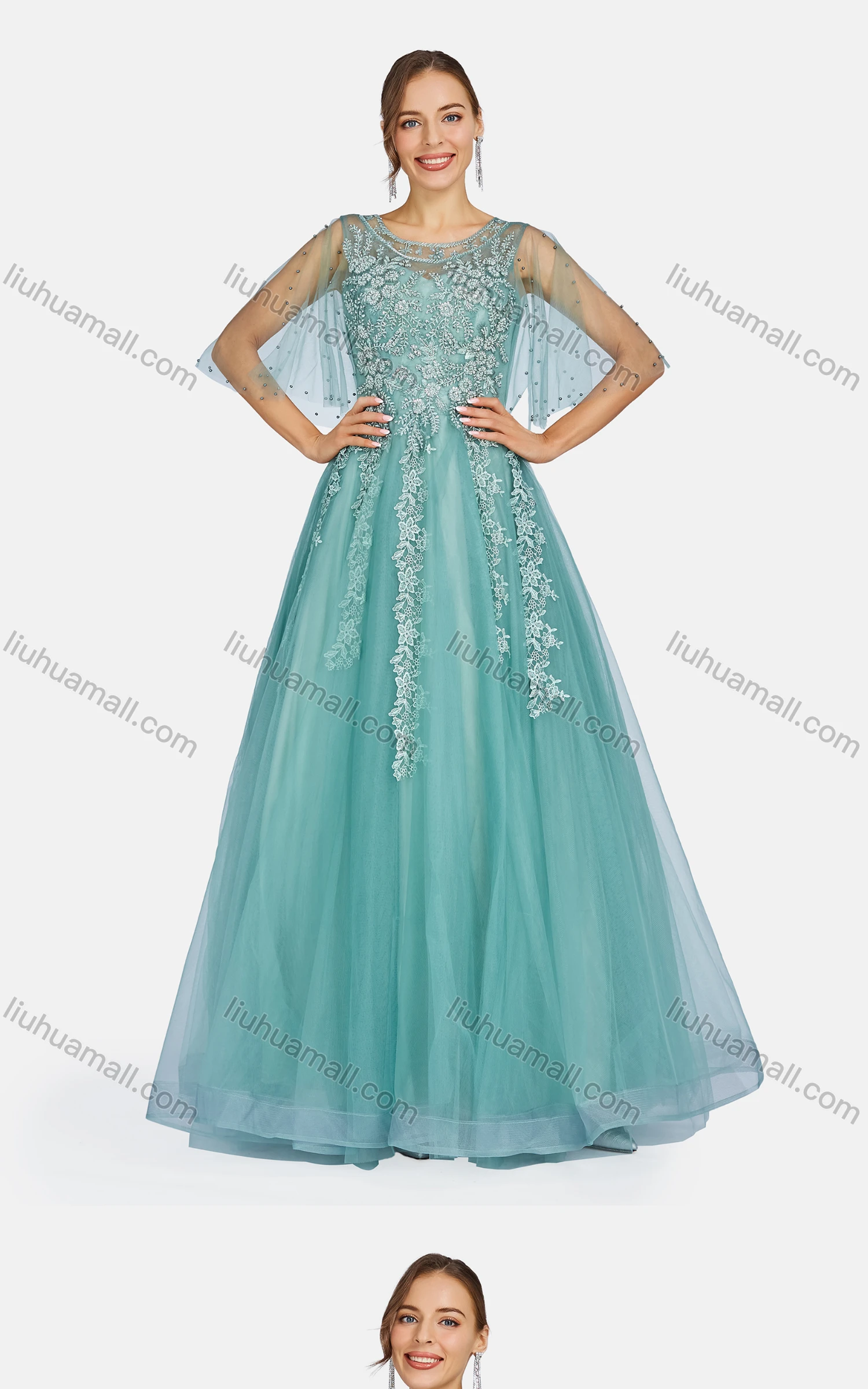 Wholesale Women's Elegant Embroidered Pearl Decor Criss Cross Floor Length Evening Dress 9479# - Liuhuamall