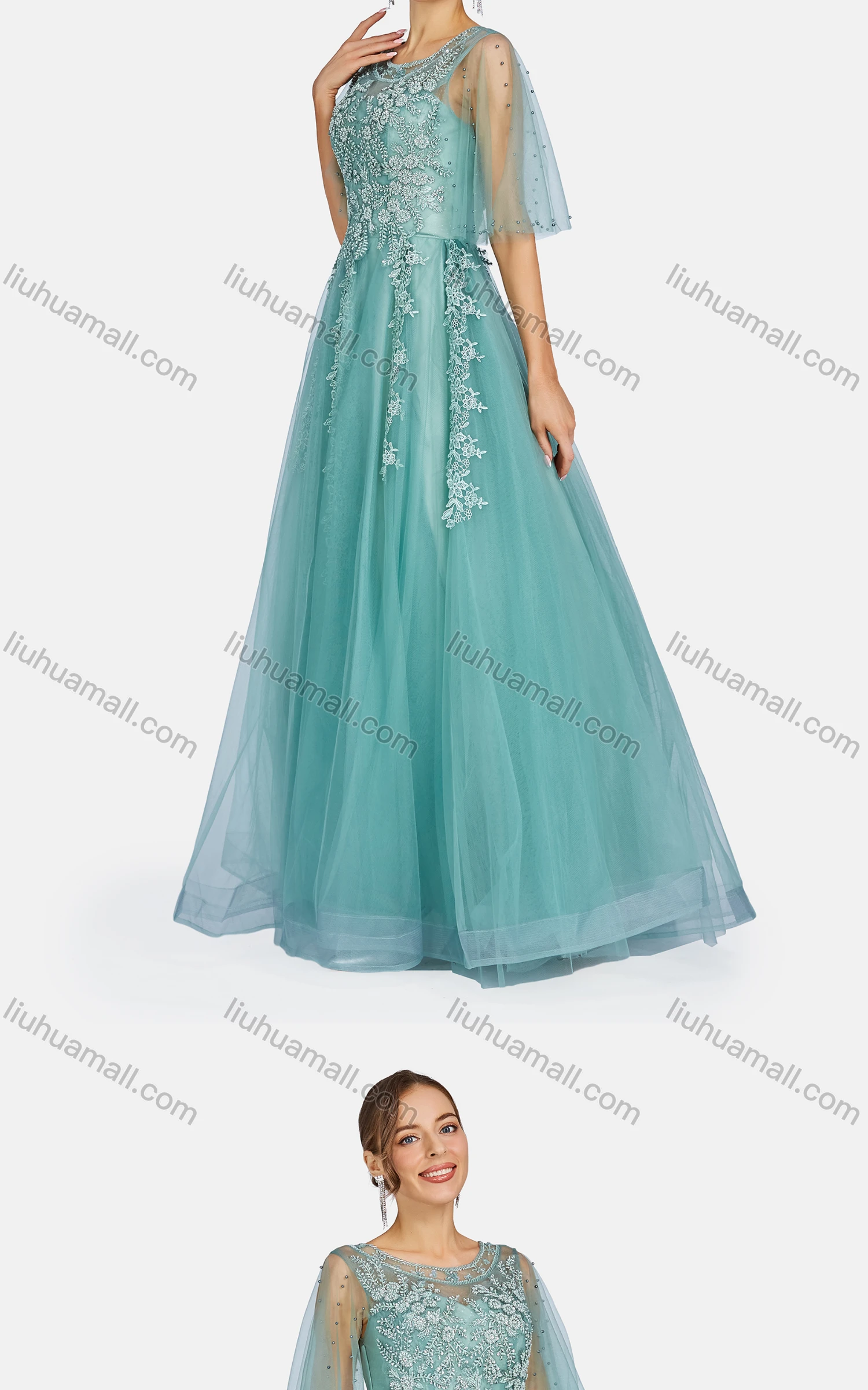 Wholesale Women's Elegant Embroidered Pearl Decor Criss Cross Floor Length Evening Dress 9479# - Liuhuamall