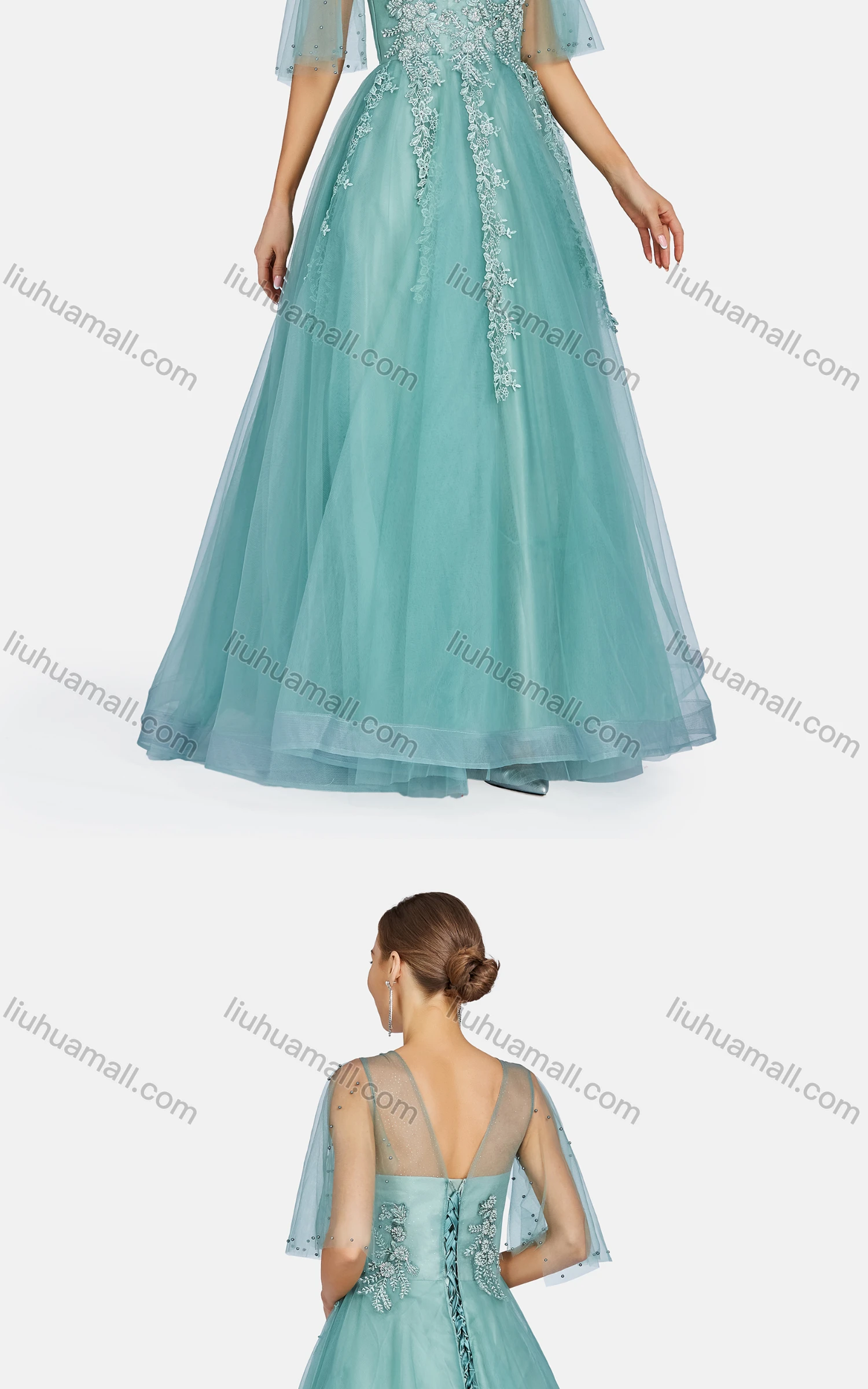 Wholesale Women's Elegant Embroidered Pearl Decor Criss Cross Floor Length Evening Dress 9479# - Liuhuamall