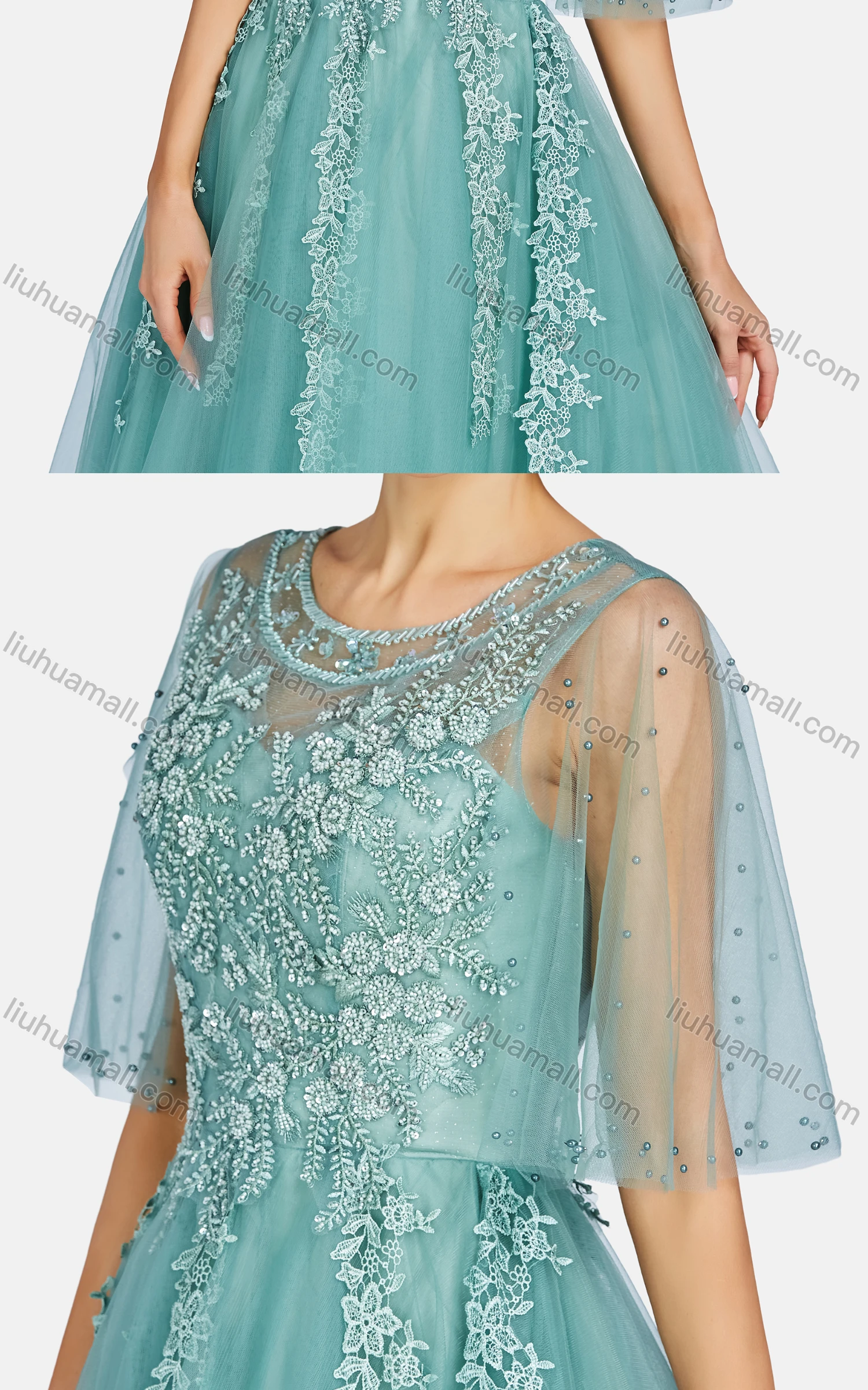 Wholesale Women's Elegant Embroidered Pearl Decor Criss Cross Floor Length Evening Dress 9479# - Liuhuamall