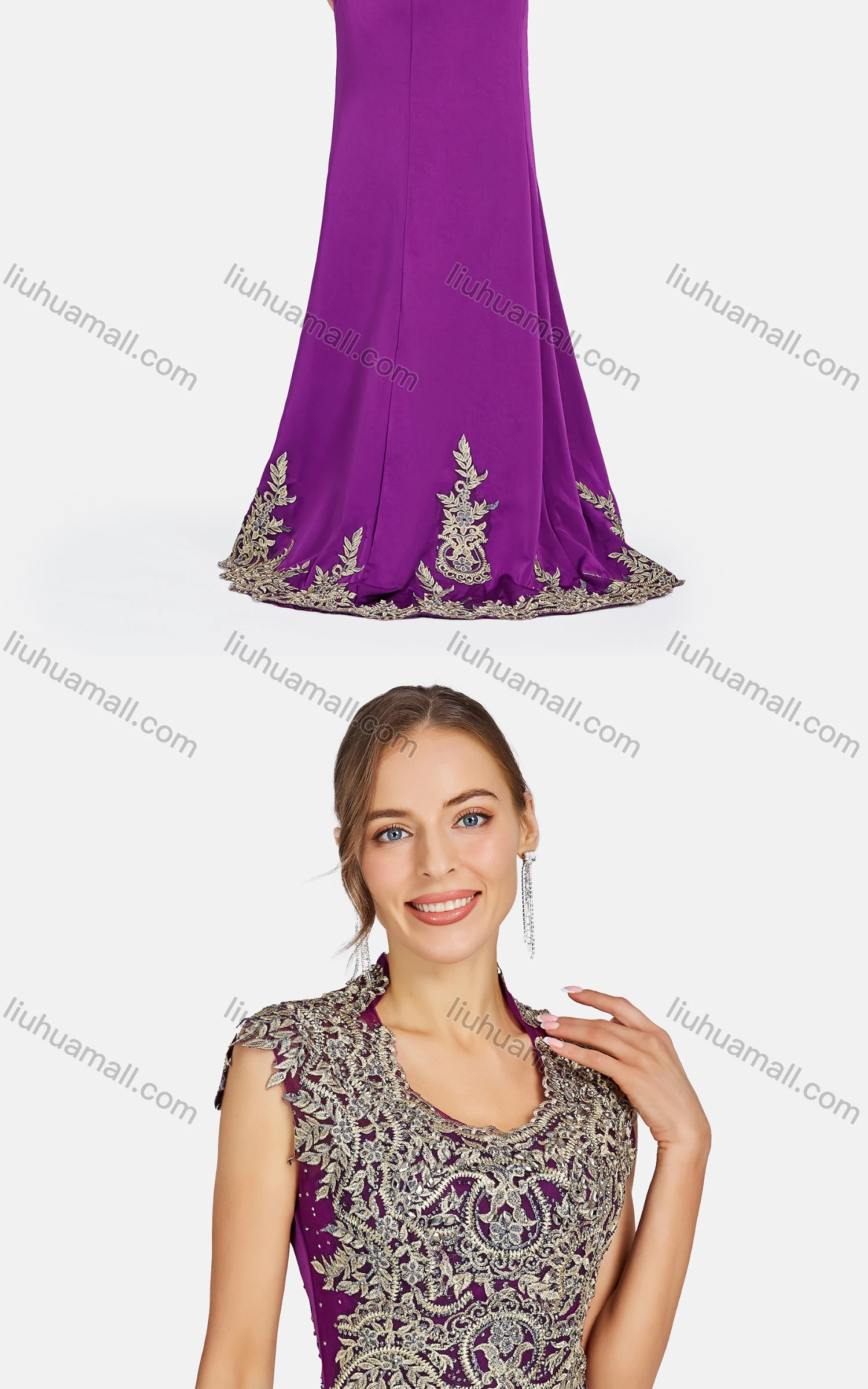 Wholesale Women's Elegant Embroidered Rhinestone Floor Length Evening Dress 9497# - Liuhuamall