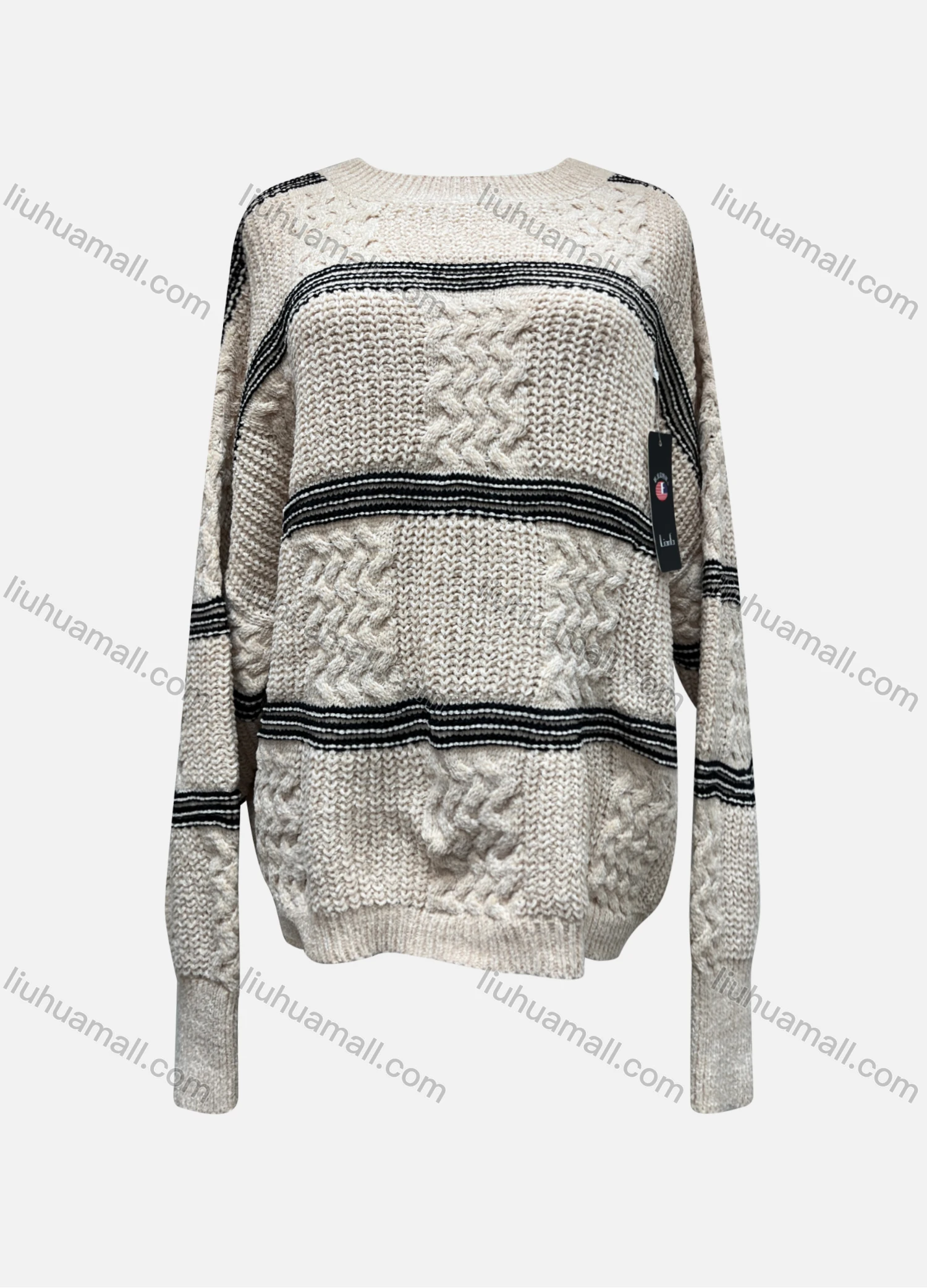 Wholesale Women's Casual Crew Neck Extra Long Sleeve Striped Sweater X58260# - Liuhuamall