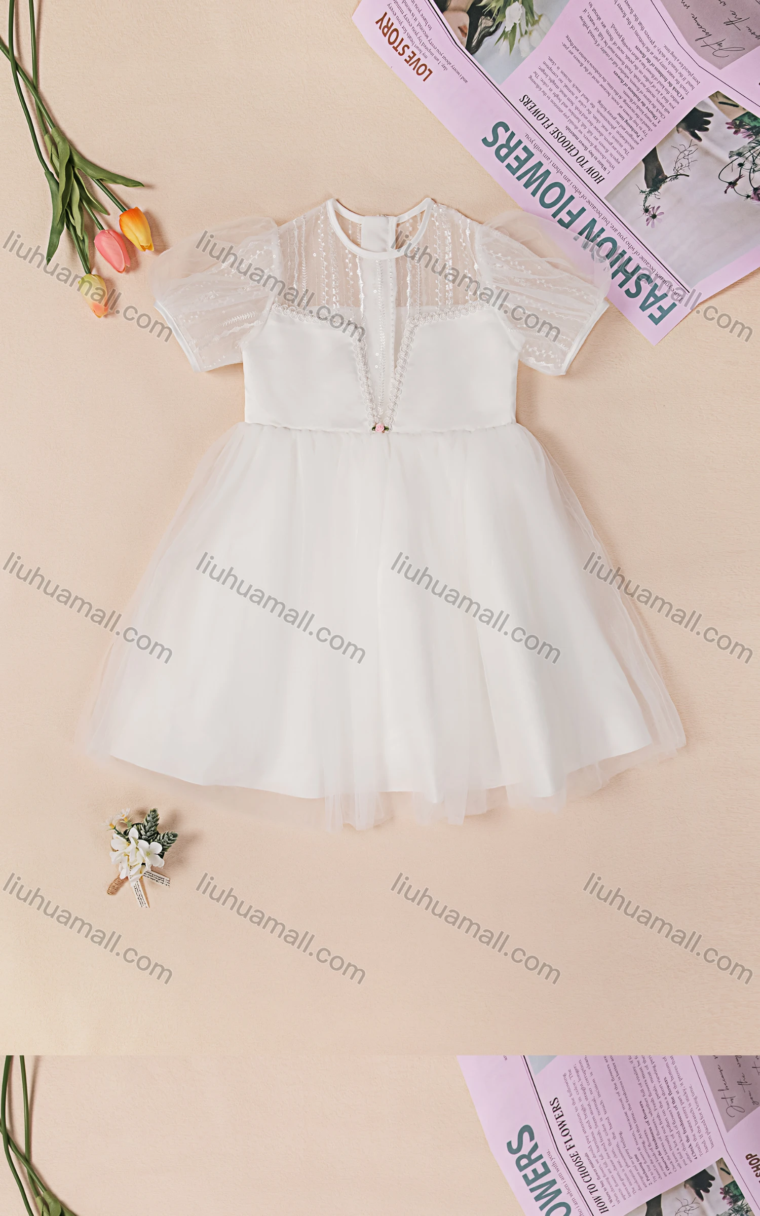 Wholesale Girls Cute Crew Neck Sleeveless Sequin Guipure Lace Zip Back Dress 230418# - Liuhuamall