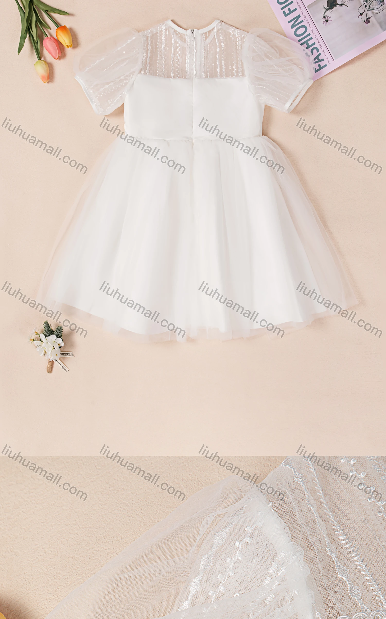 Wholesale Girls Cute Crew Neck Sleeveless Sequin Guipure Lace Zip Back Dress 230418# - Liuhuamall