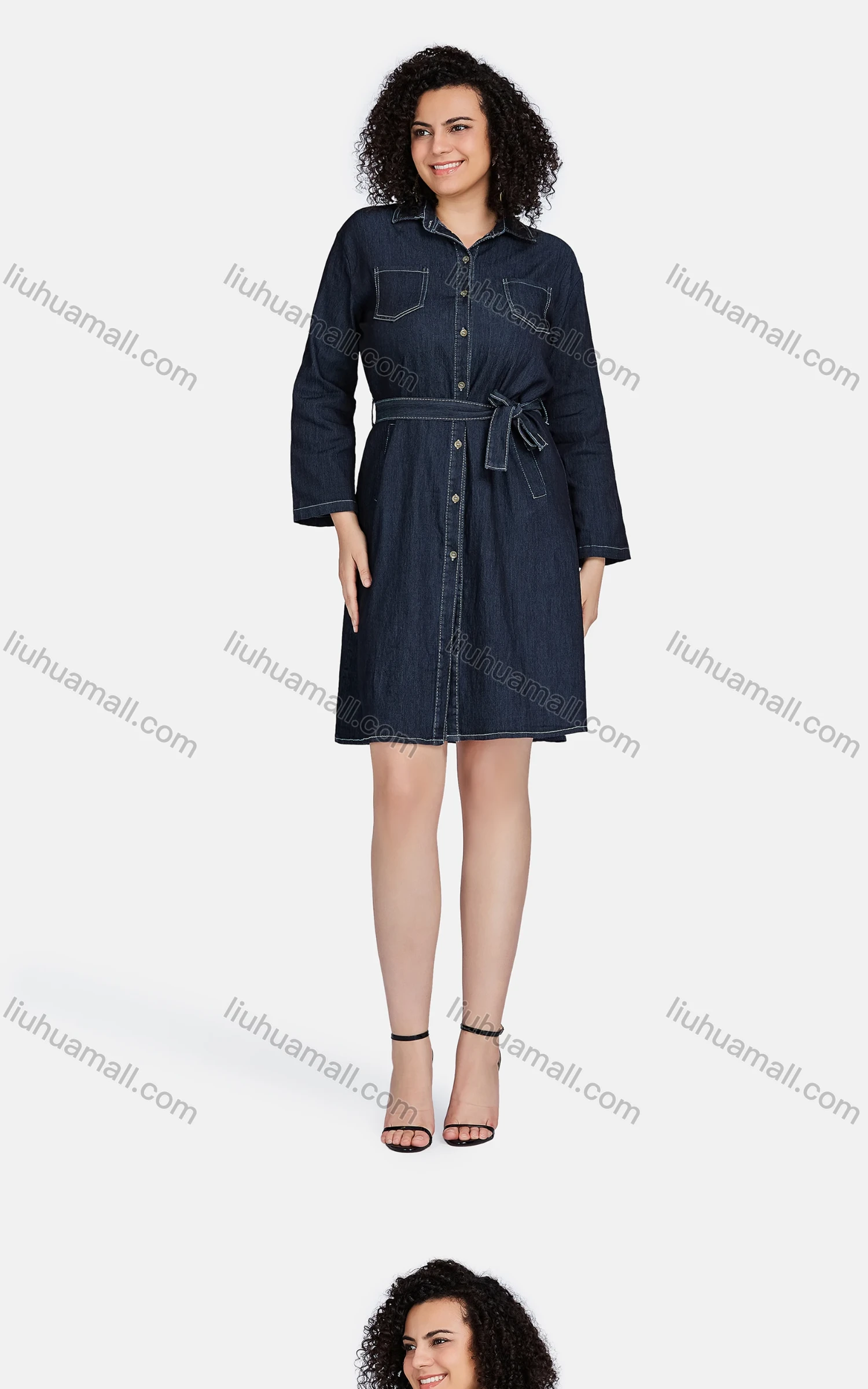 Wholesale Women's Casual Collared Long Sleeve Button Down Lace Up Denim Shirt Dress 5418# - Liuhuamall