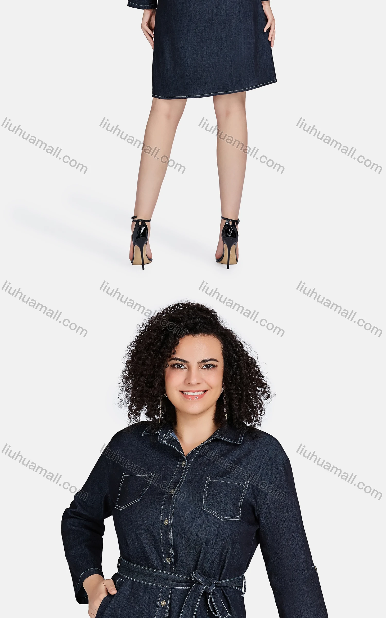 Wholesale Women's Casual Collared Long Sleeve Button Down Lace Up Denim Shirt Dress 5418# - Liuhuamall