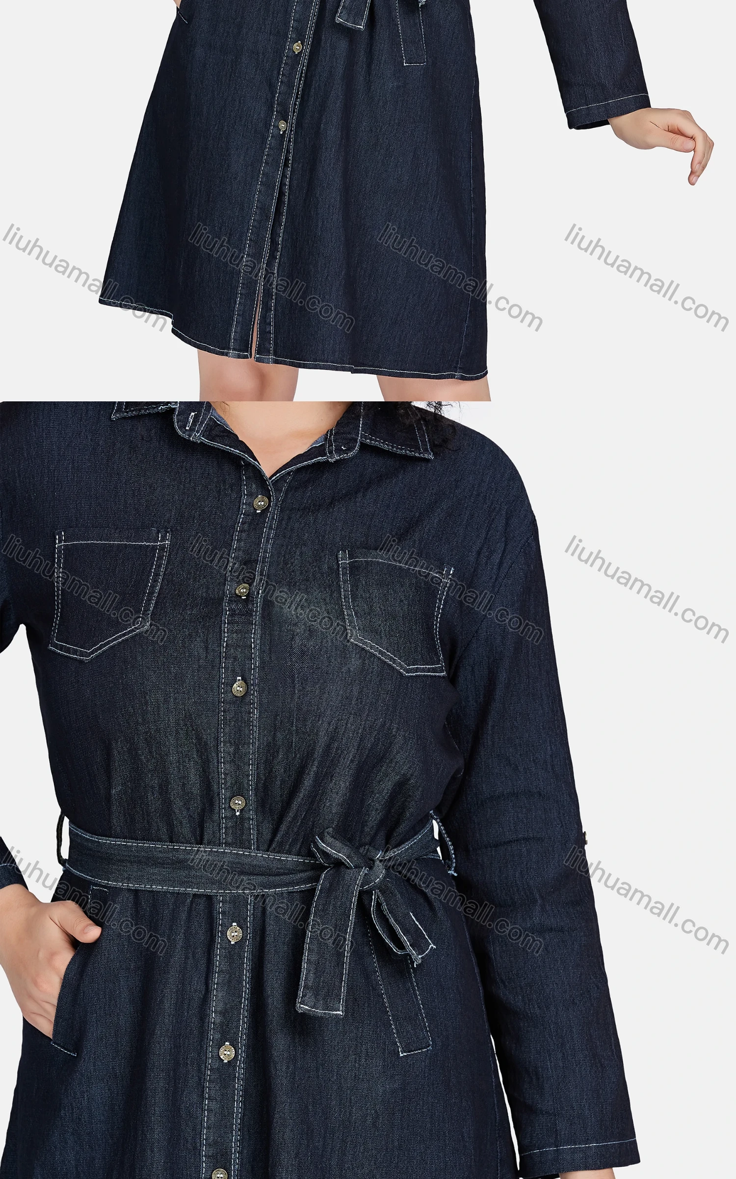 Wholesale Women's Casual Collared Long Sleeve Button Down Lace Up Denim Shirt Dress 5418# - Liuhuamall