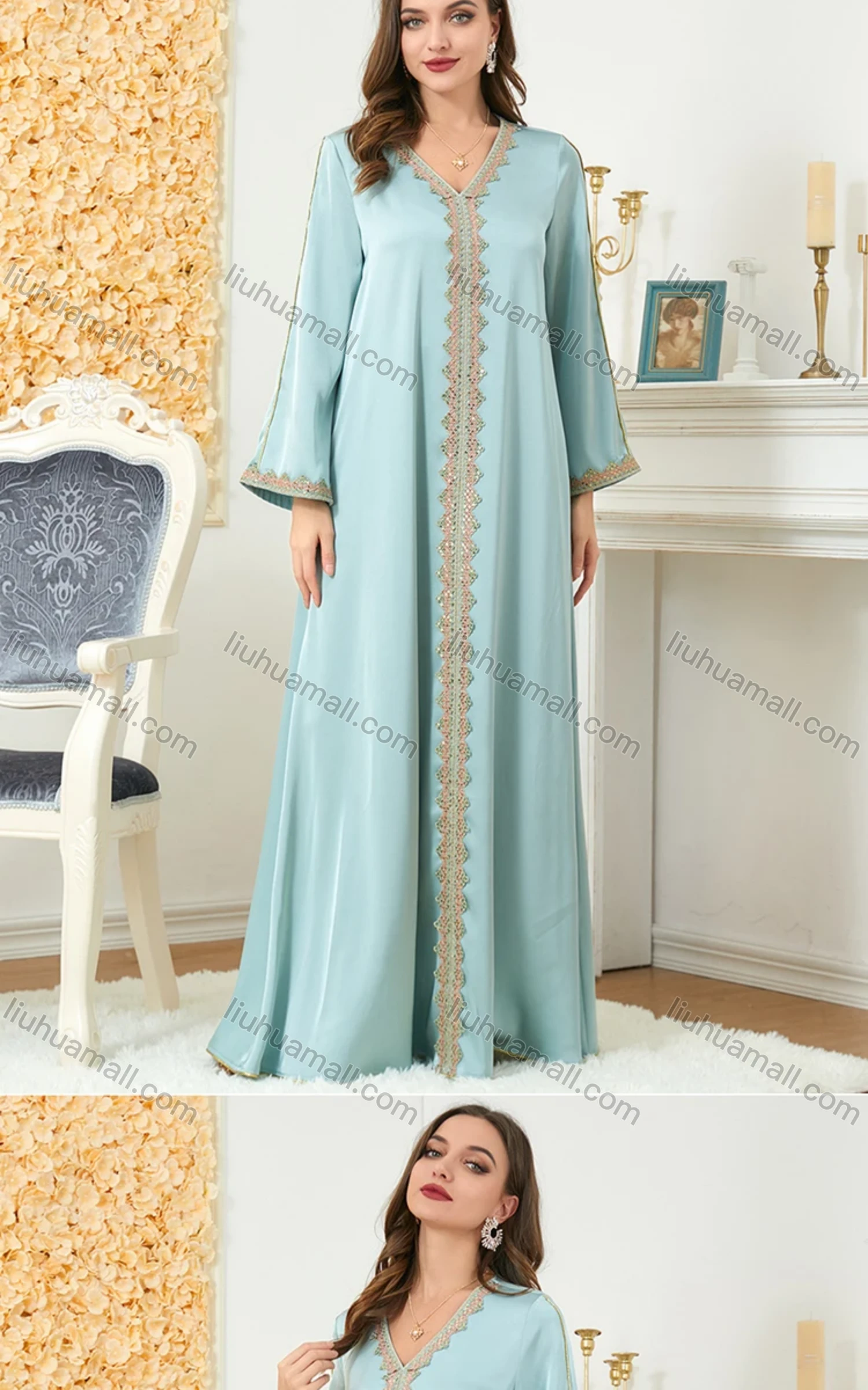 Wholesale Women's Muslim Islamic V Neck Embroidery Long Sleeve Abaya Maxi Dress 3148# - Liuhuamall